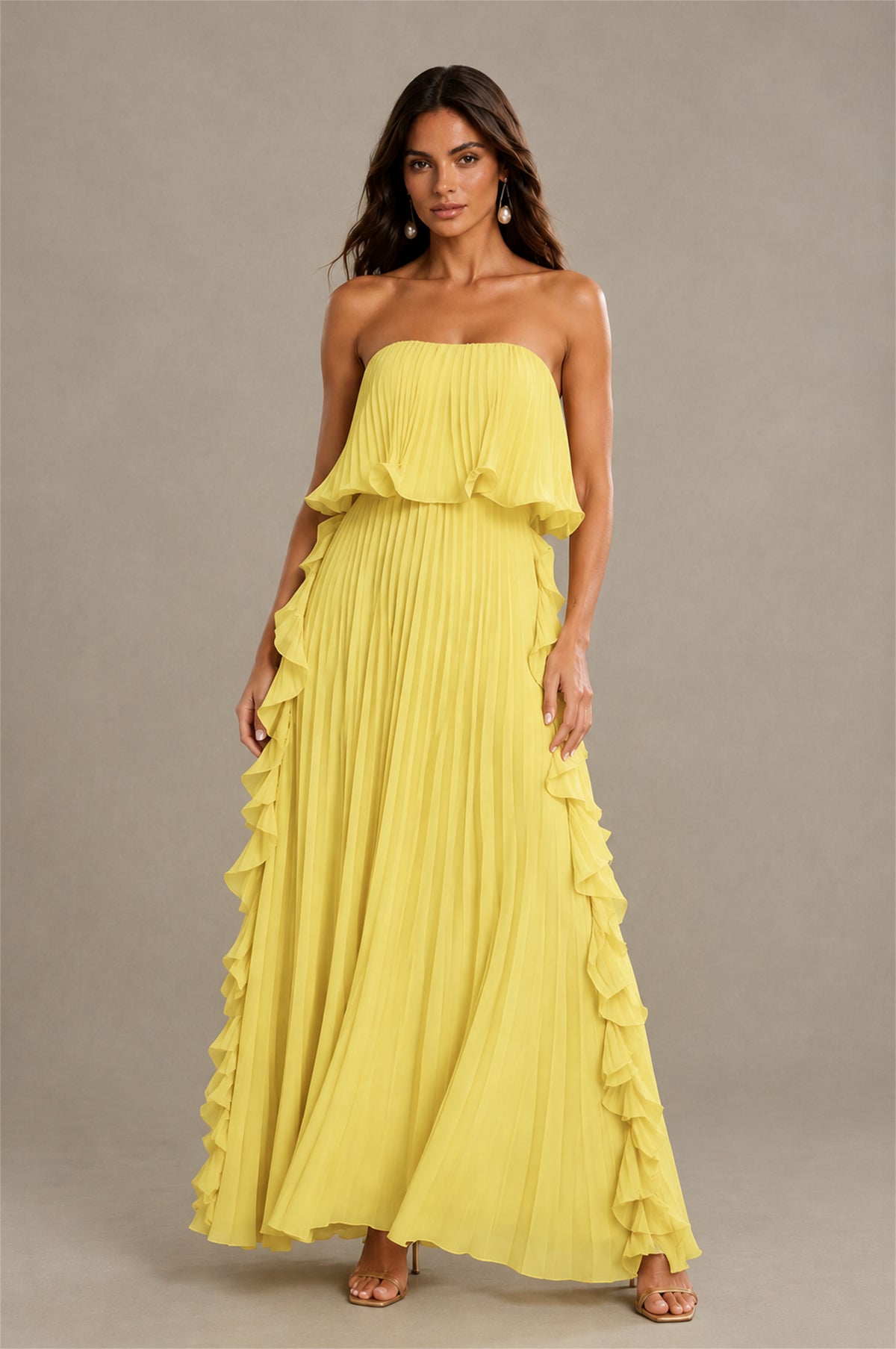 BOLODOO Yellow Strapless Ruffle Bodice Dual Cascading Ruffle Accordion Pleated Chiffon Maxi Dress - Yellow