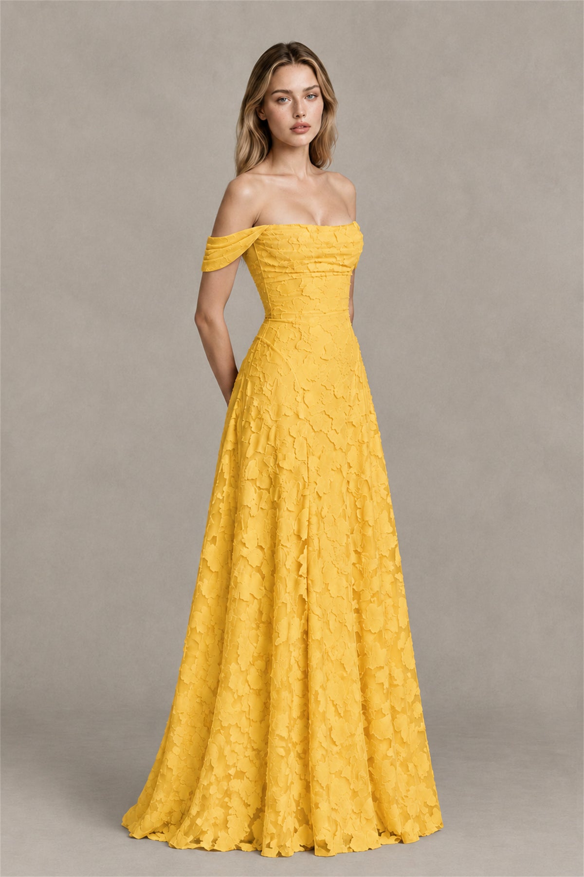 BOLODOO Yellow Off-Shoulder Pleated A-Line Maxi Dress Floral - Yellow