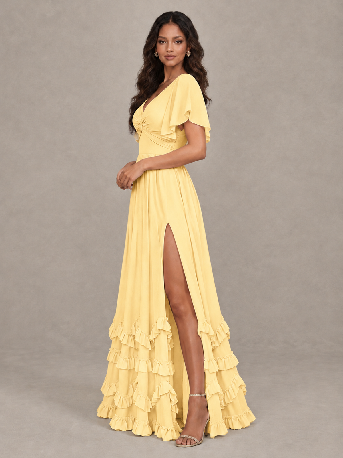 BOLODOO Yellow V-Neck Flutter Sleeve Ruffle Bridesmaid Dress with Slit - Yellow - Yellow (3)