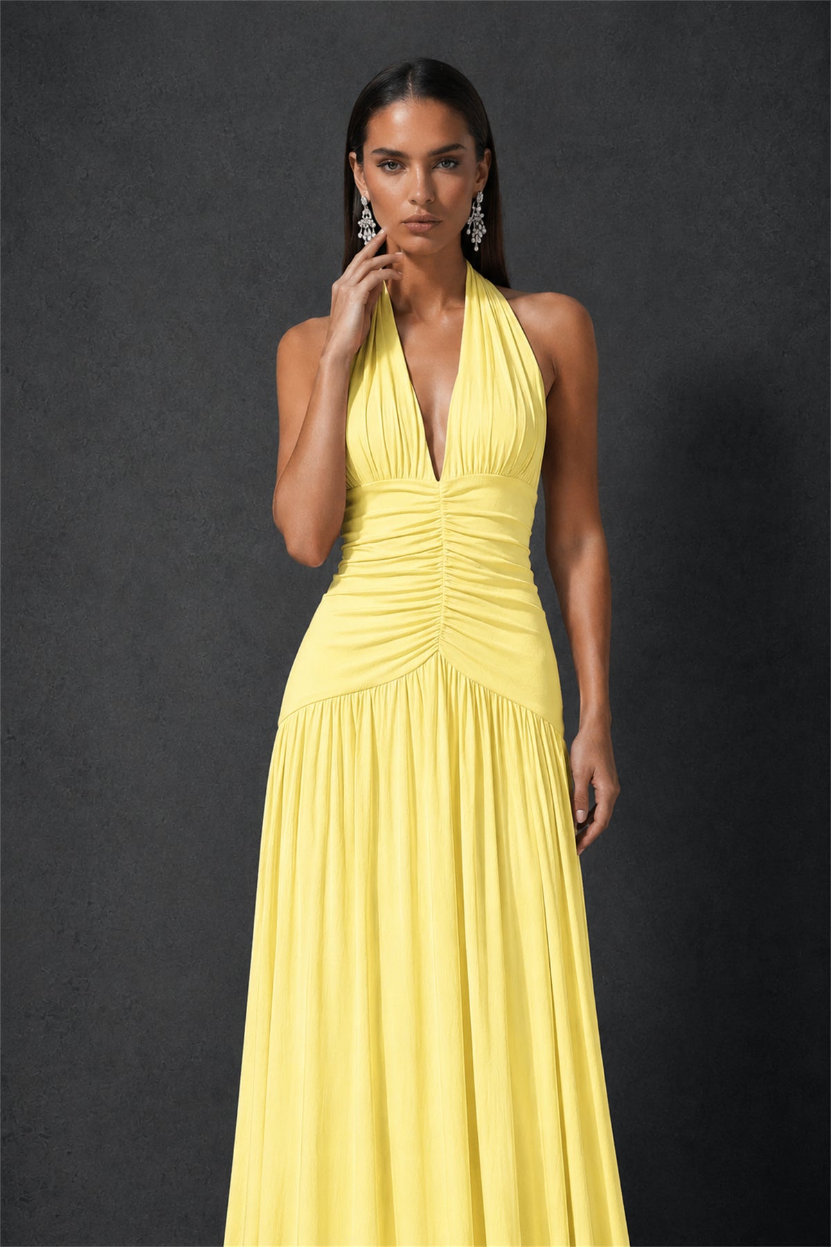 BOLODOO Yellow Halter Deep V-Neck Ruched Chiffon Open Back Maxi Dress with Draped Neck Tie - Yellow