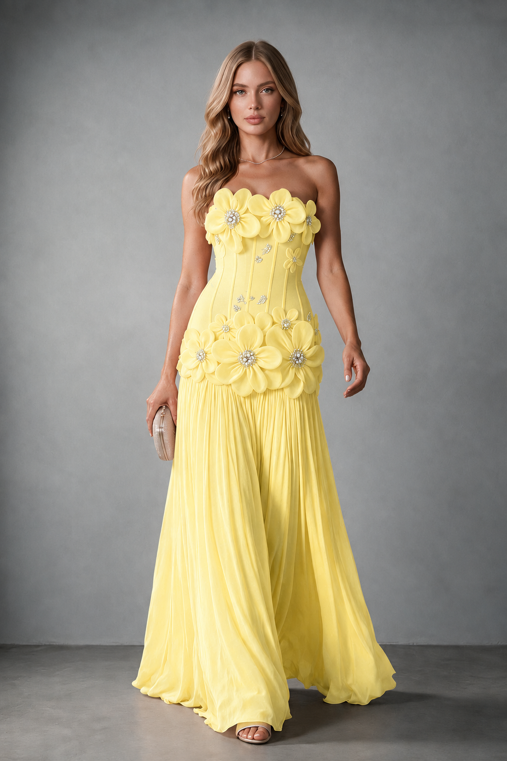 BOLODOO Yellow Strapless Floral Appliqué Evening Gown - Yellow