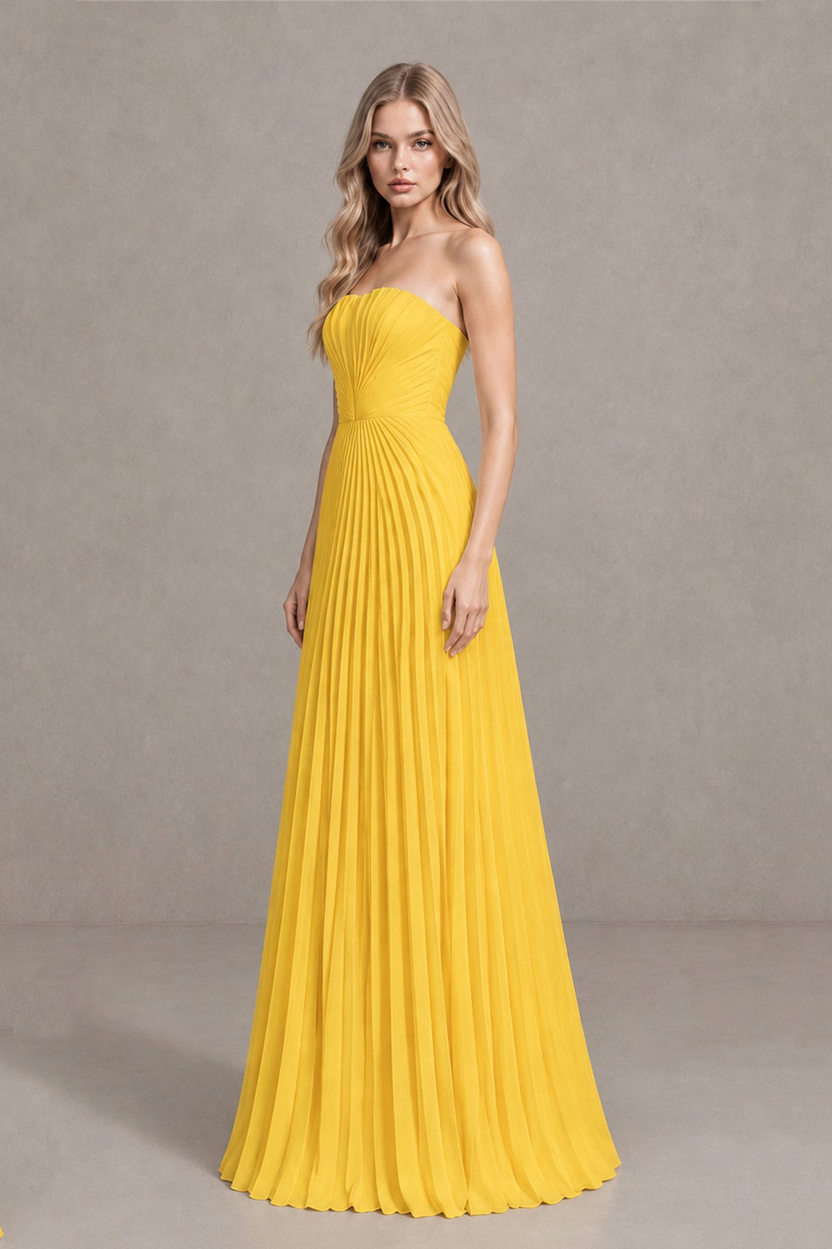 BOLODOO Yellow Strapless Sunburst Pleated Twisted Knot Lace-Up Back Accordion Pleated Chiffon Maxi Dress - Yellow