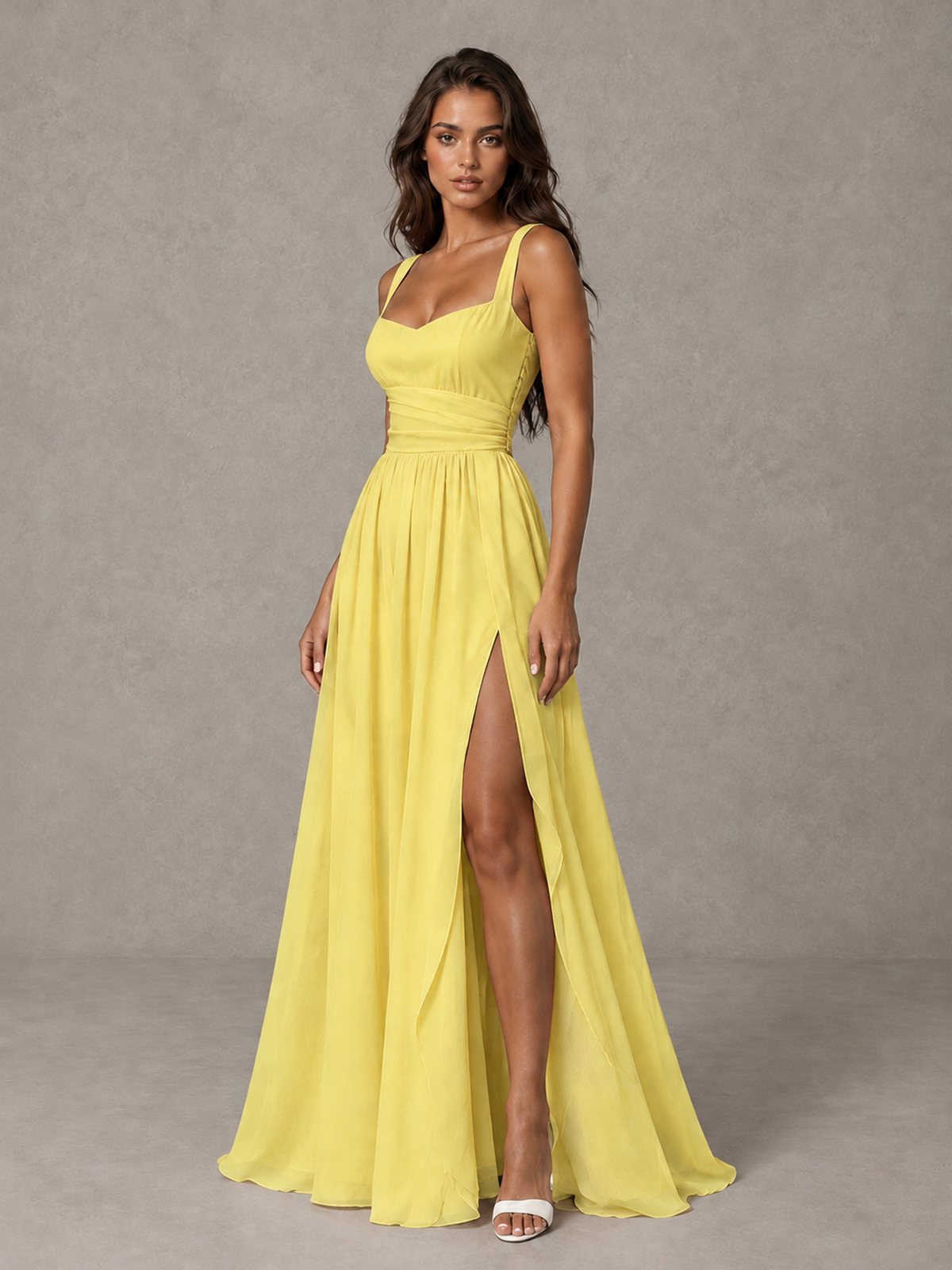 BOLODOO Yellow A-Line Bridesmaid Dress with High Slit & Lace-Up Back - Yellow - Yellow (3)