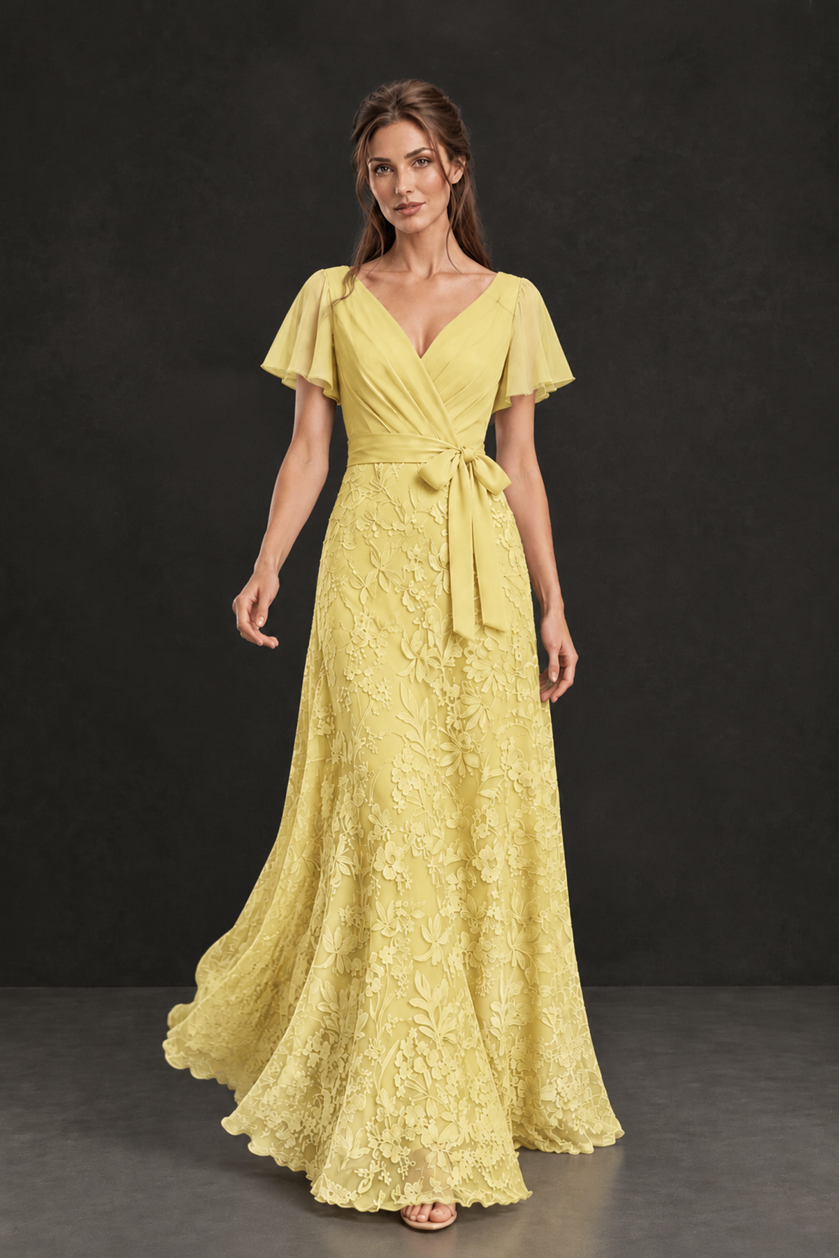 BOLODOO Yellow Flutter Sleeve Lace Mother of the Bride Dress - Yellow