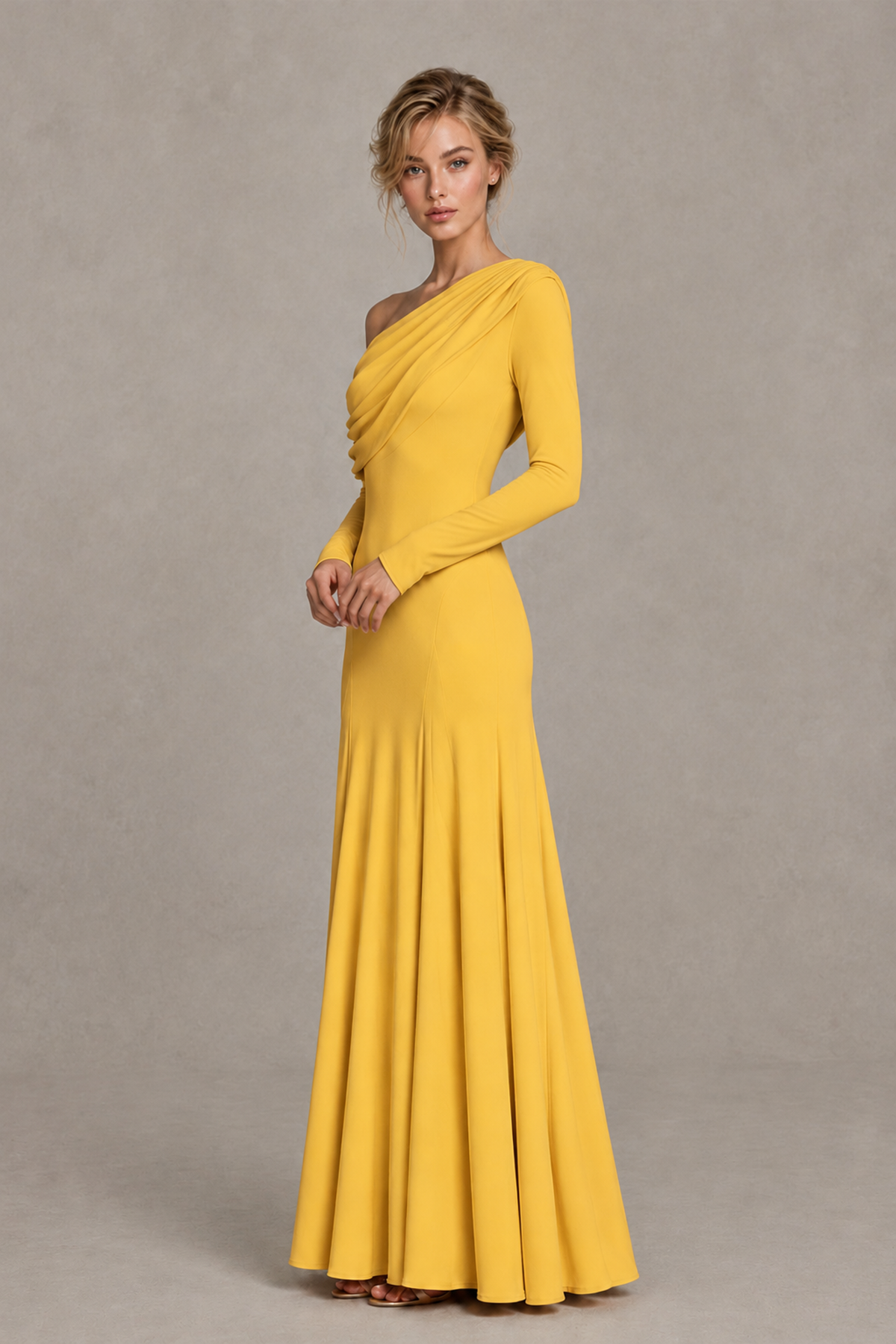 BOLODOO Yellow Asymmetric Draped Long Sleeve Evening Gown - Yellow