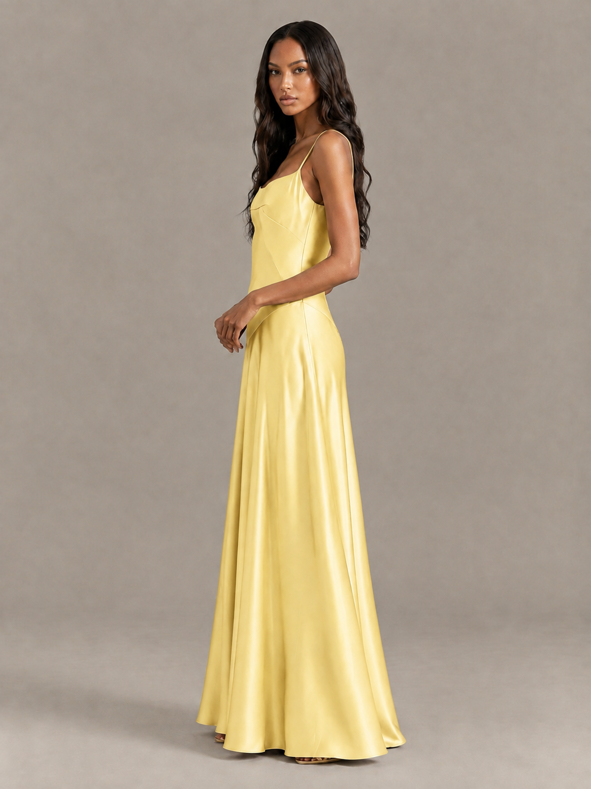 BOLODOO Yellow Satin Lace-Up Back Maxi Dress - Yellow