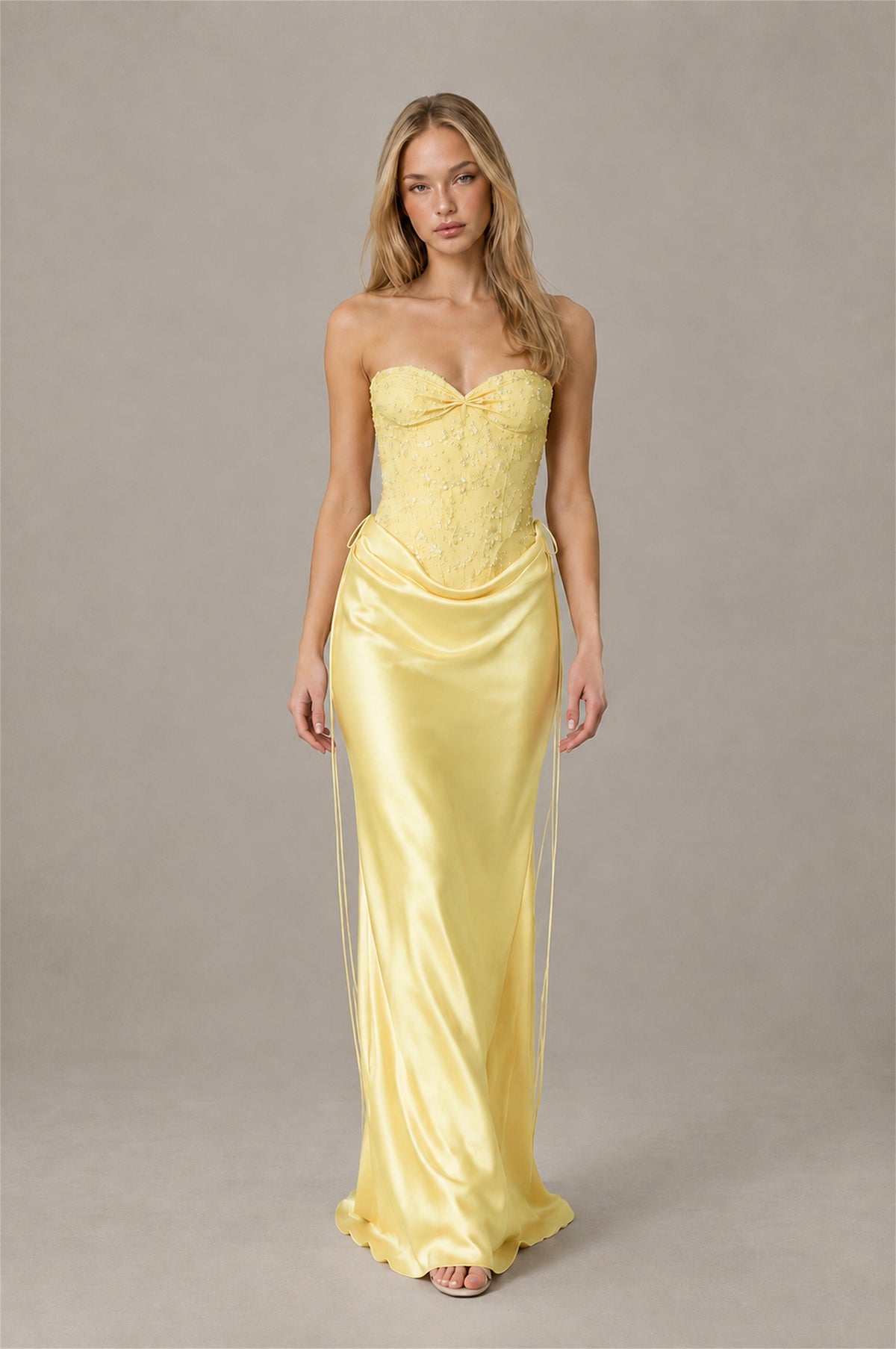 BOLODOO Yellow Strapless Embellished Corset Satin-Look Maxi Dress - Yellow