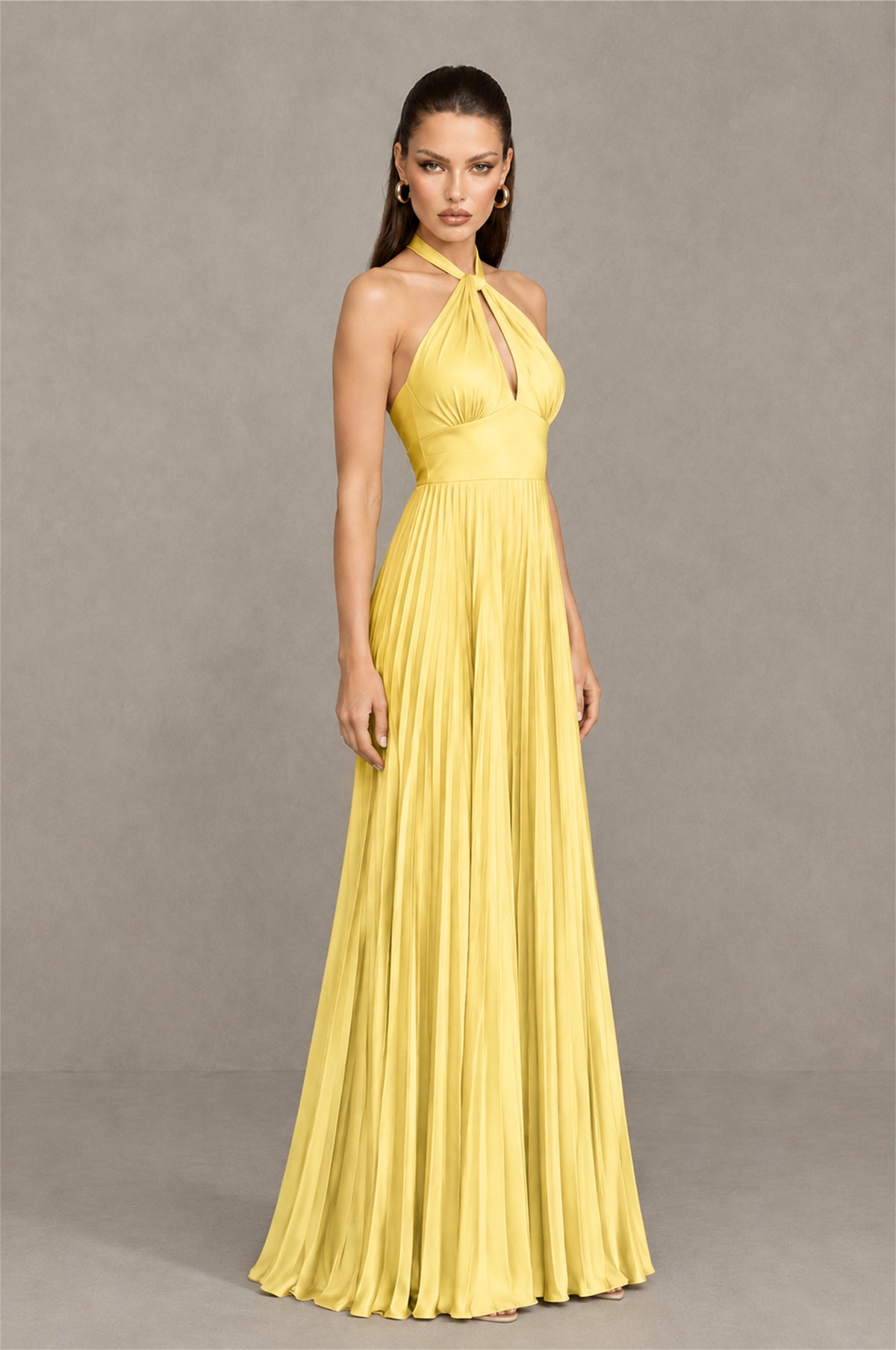 BOLODOO Yellow Halter Pleated A-Line Evening Dress - Yellow - Yellow (3)