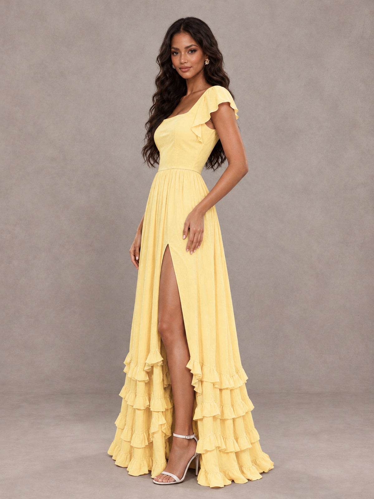 BOLODOO Yellow Flutter Sleeve Ruffle Bridesmaid Dress with Slit - Yellow - Yellow (3)