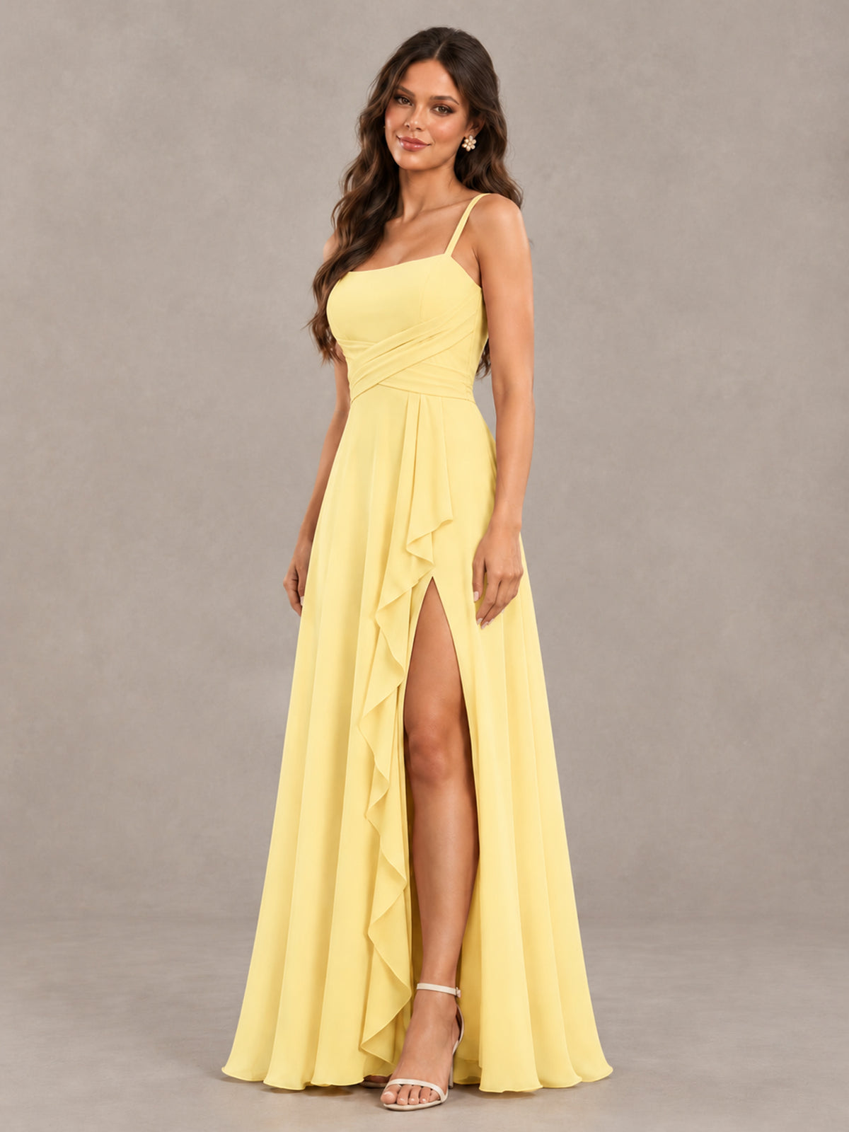 BOLODOO Yellow Spaghetti Strap Ruffle Bridesmaid Dress with Slit - Yellow - Yellow (3)