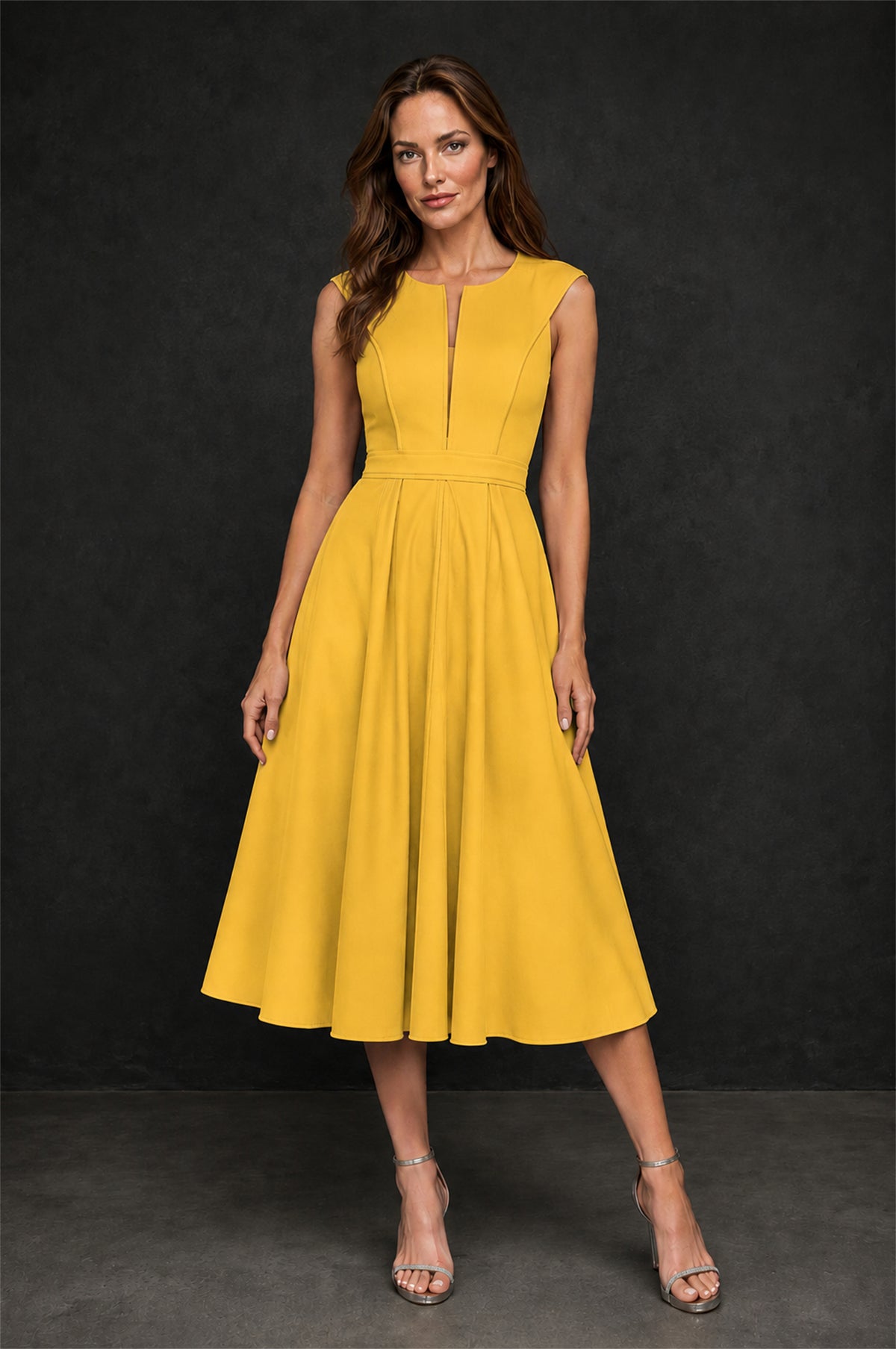 BOLODOO Yellow 3D Rosette Appliqué 3/4 Sleeve Jacket & V-Notch Sleeveless A-Line Tea-Length Two-Piece Dress Set - Yellow