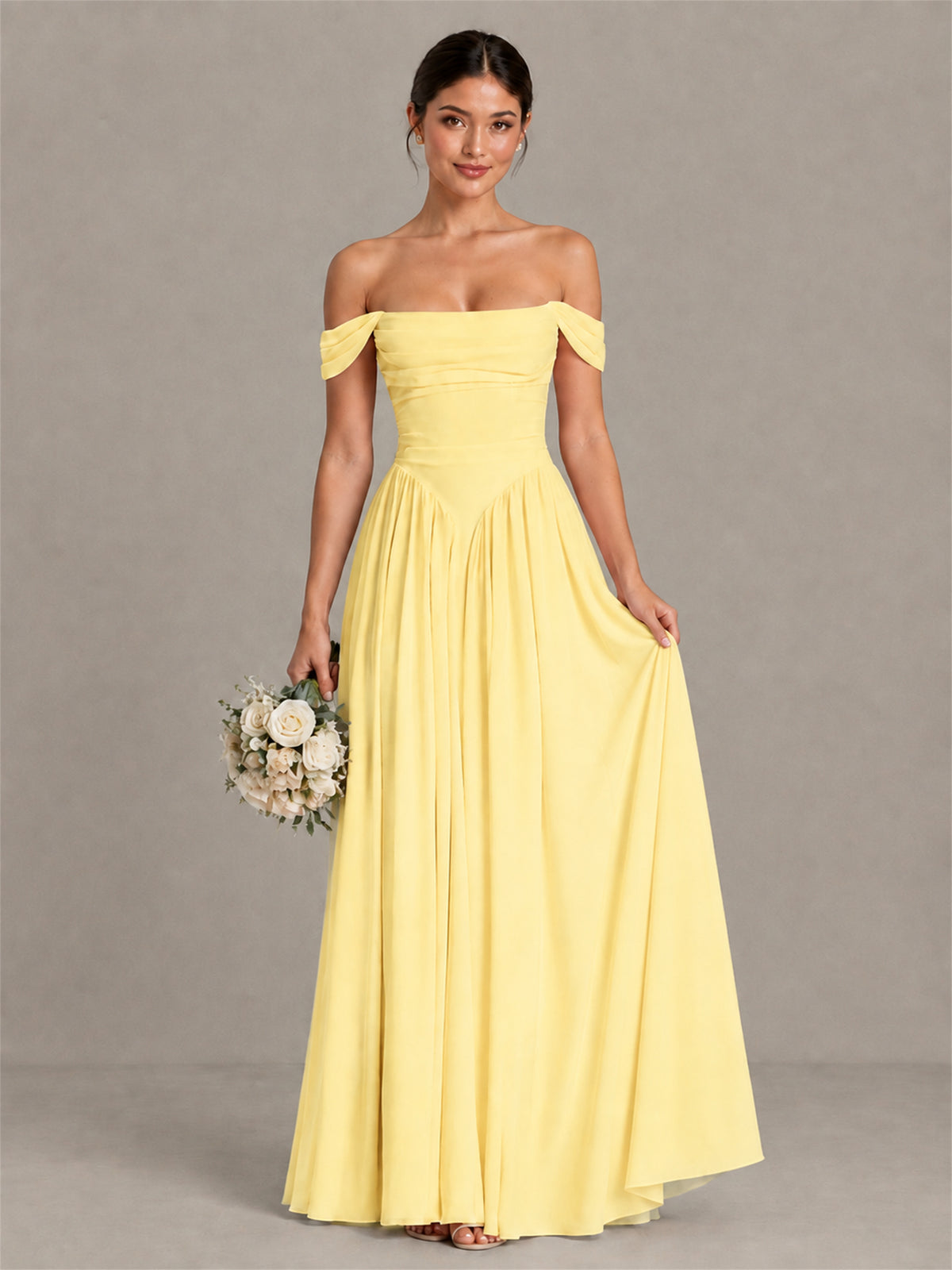 BOLODOO Yellow Off-Shoulder Chiffon A-Line Bridesmaid Dress - Yellow