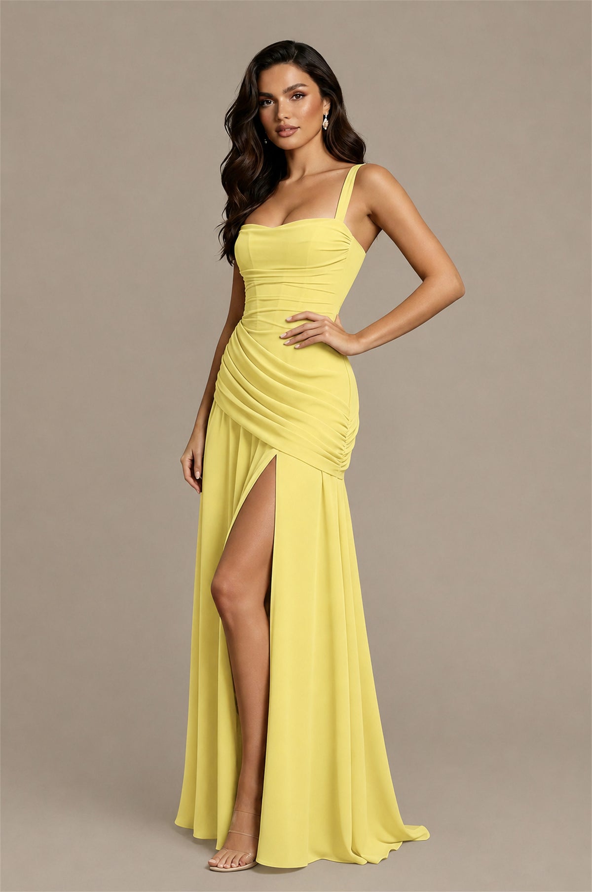 BOLODOO Yellow Spaghetti Strap Ruched Maxi Dress – Formal Evening Gown with Slit - Yellow