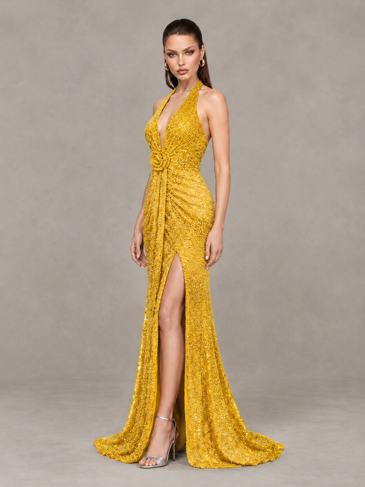 BOLODOO Yellow Sequin Halter Open Back Evening Gown with High Slit - Yellow - Yellow (3)