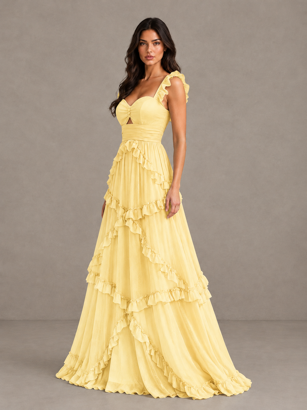 BOLODOO Yellow Ruffle A-Line Prom Dress with Open Back - Yellow - Yellow (3)
