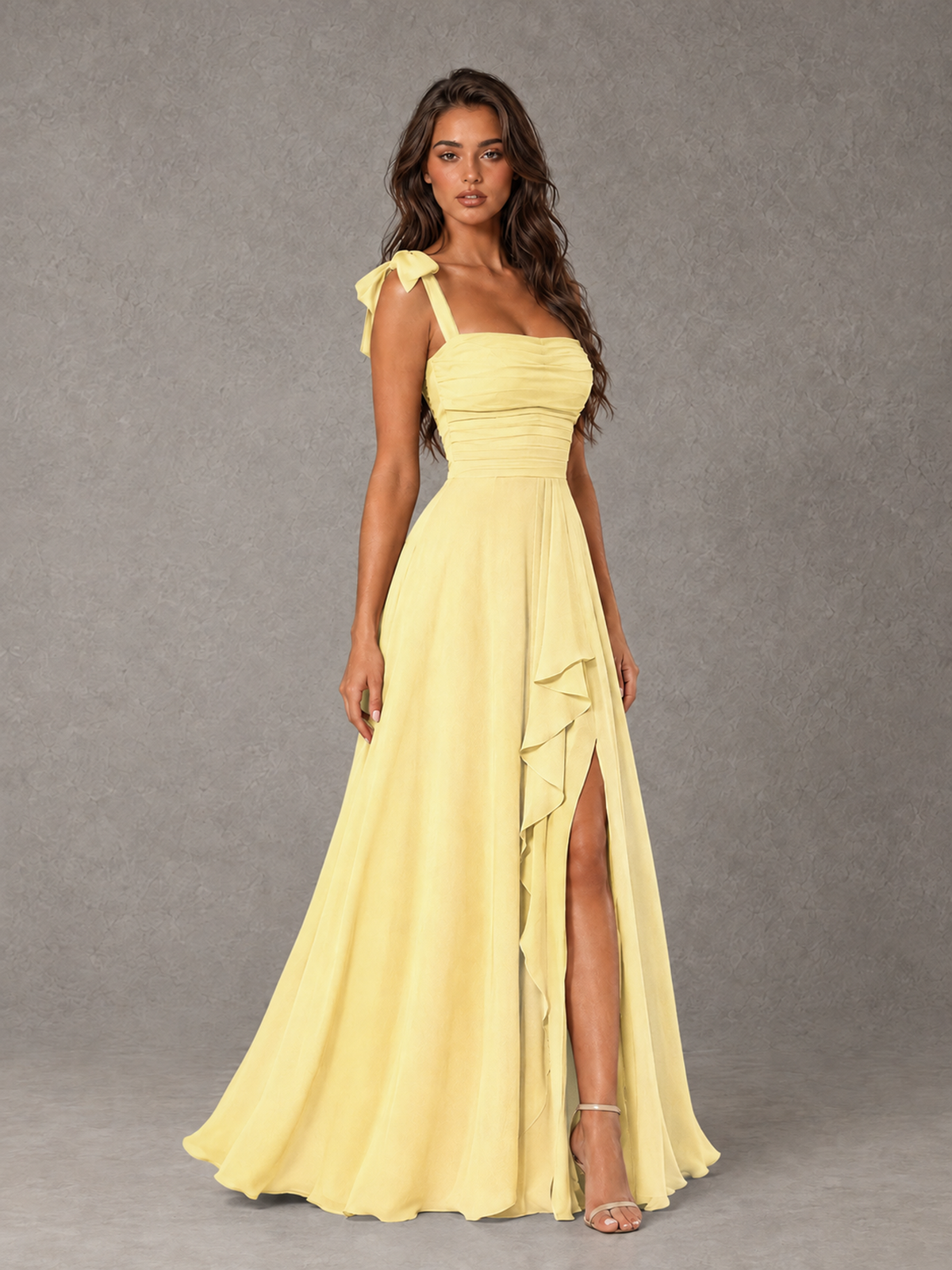 BOLODOO Yellow Bow-Strap Bridesmaid Dress with Ruffle Slit - Yellow - Yellow (3)