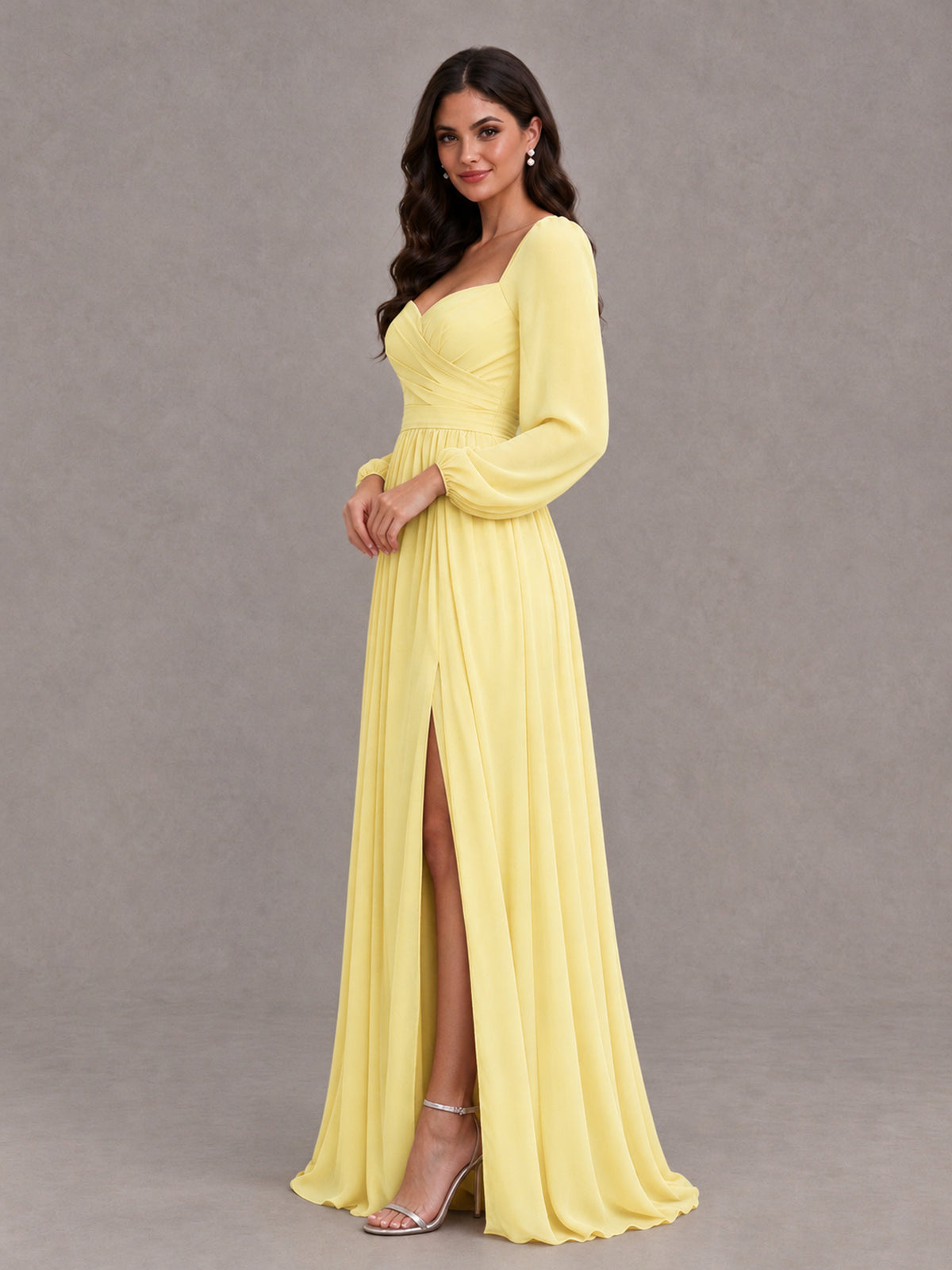 BOLODOO Yellow Long Sleeve Chiffon Bridesmaid Dress with Slit - Yellow - Yellow (3)