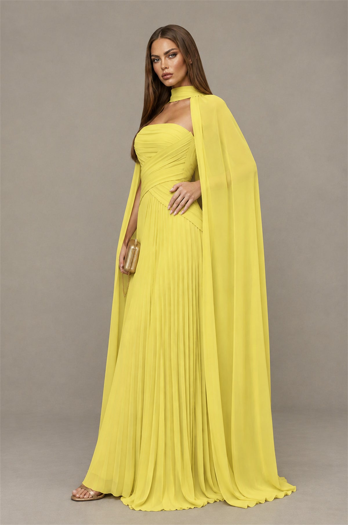 BOLODOO Yellow Strapless Crossover Ruched Bodice Detached Turtleneck Cape Lace-Up Back Pleated Chiffon Maxi Dress - Yellow