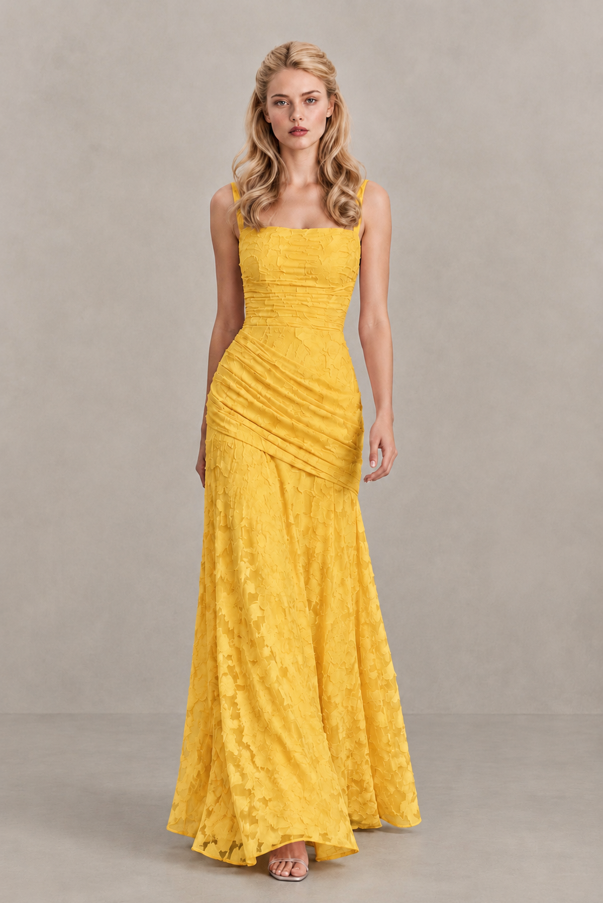 BOLODOO Yellow Ruched Floral Maxi Dress with Lace-Up Back - Yellow