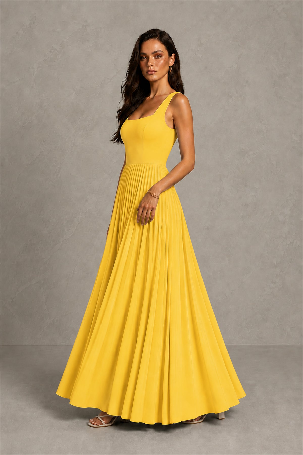 BOLODOO Yellow Square Neck Wide Strap Lace-Up Back Pleated A-Line Chiffon Maxi Dress - Yellow