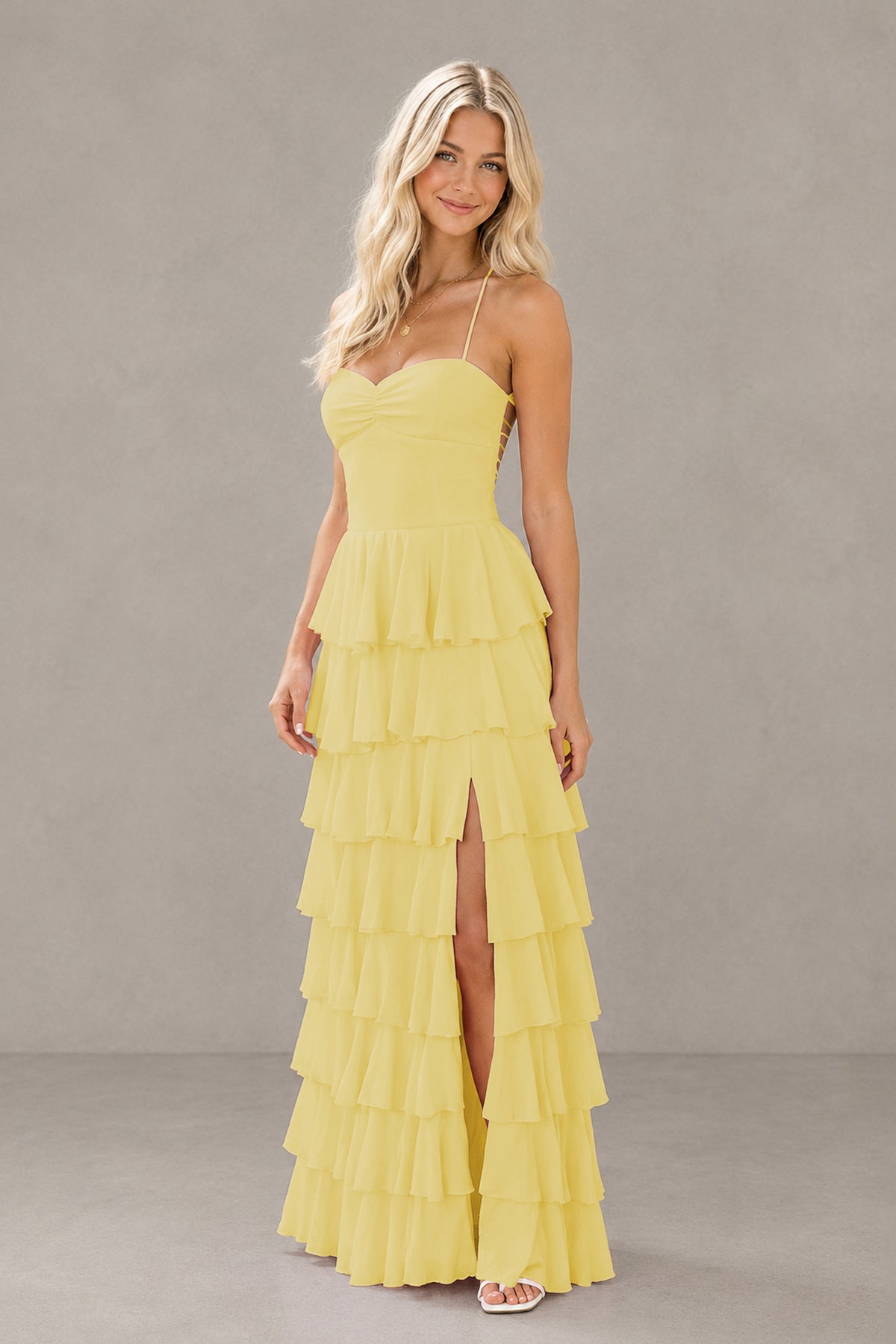 BOLODOO Yellow Strapless Tiered Ruffle Maxi Dress with Slit & Lace-Up Back - Yellow