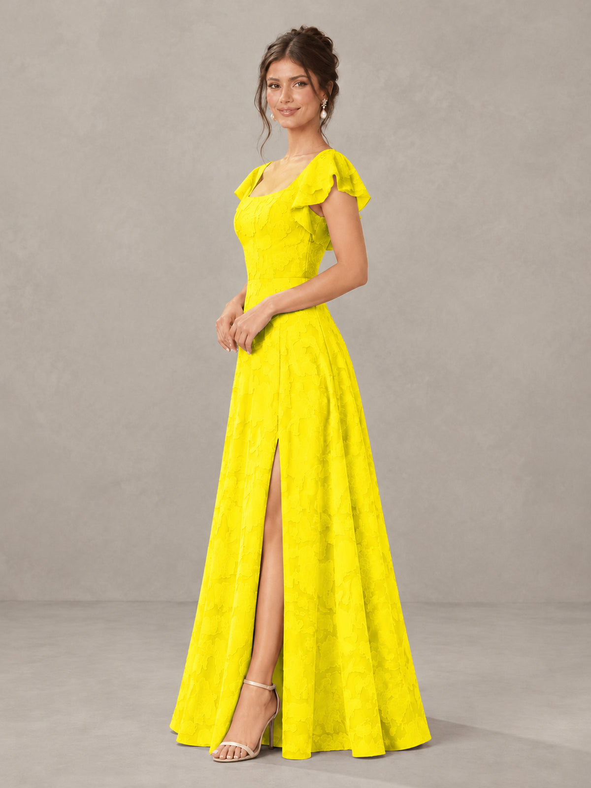 BOLODOO Yellow Floral Flutter Sleeve Bridesmaid Dress with Slit - Yellow - Yellow (3)