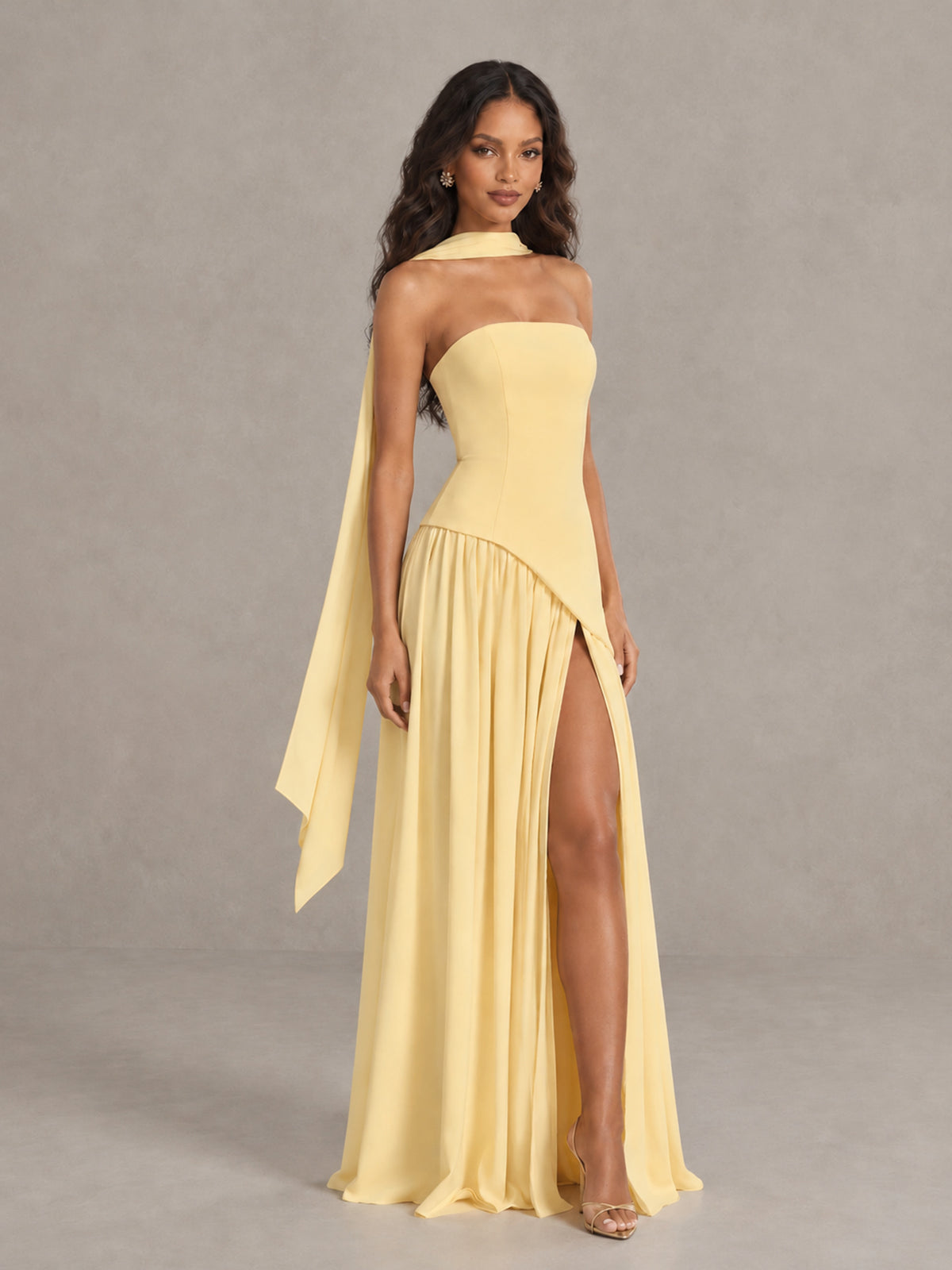 Yellow Strapless Bridesmaid Dress with Scarf & High Slit - Yellow - Yellow (3)