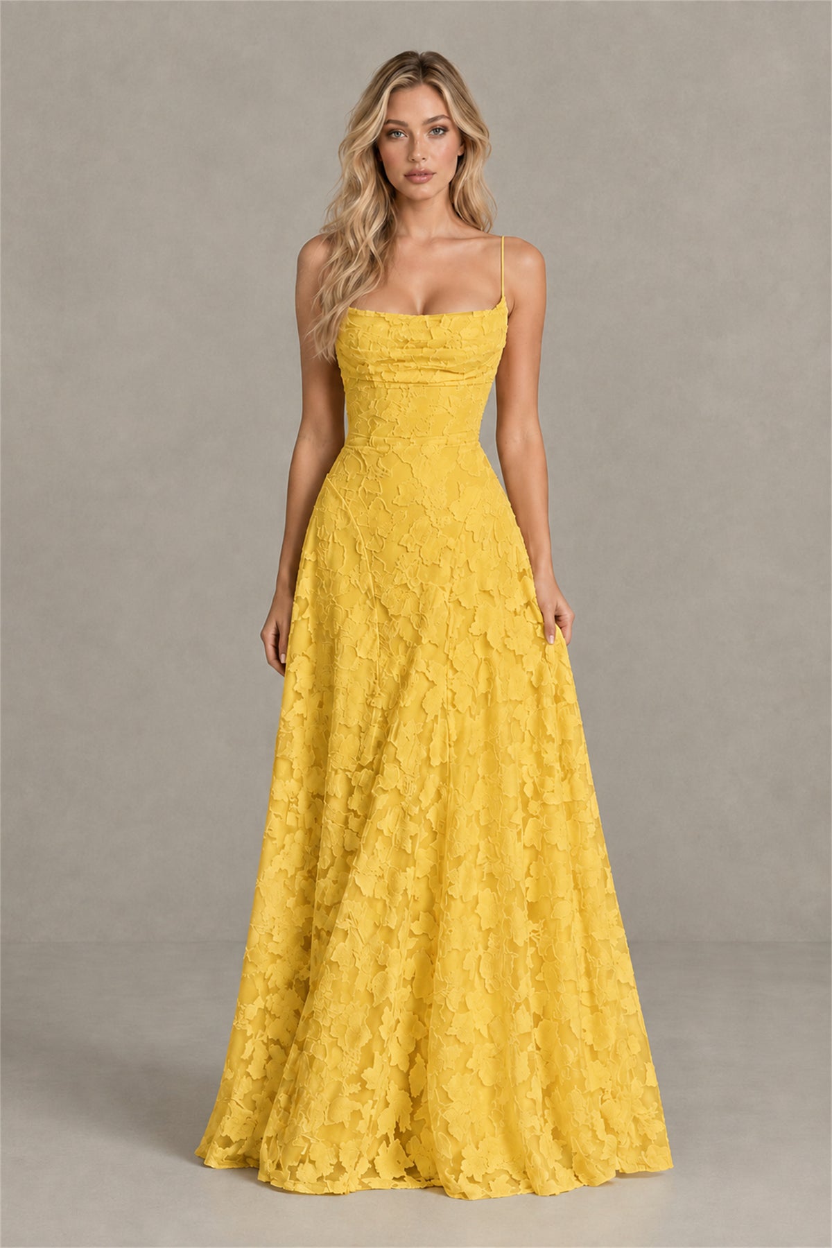 BOLODOO Yellow Floral Appliqué Lace-Up Back Maxi Dress - Yellow