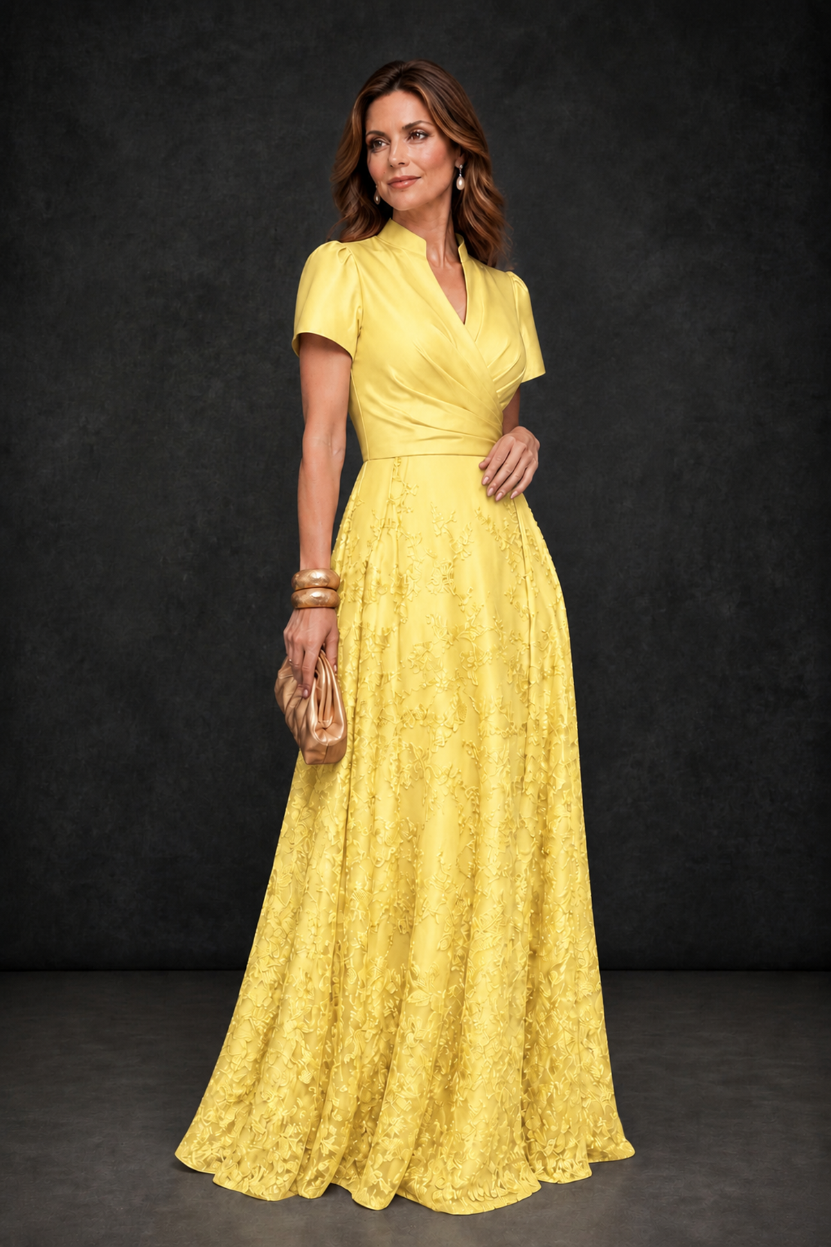 BOLODOO Yellow Satin Wrap V-Neck Short Sleeve Lace Glitter A-Line Floor Length Evening Gown – Formal Dress - Yellow - Yellow (3)