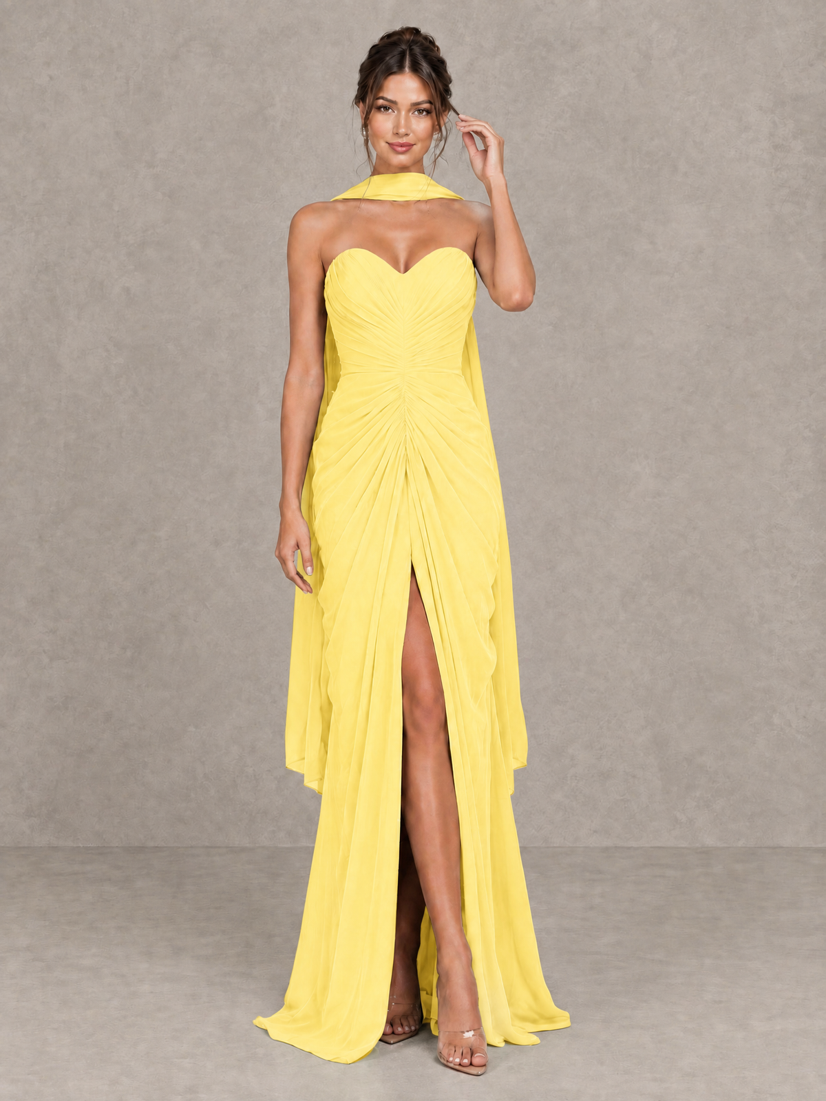 BOLODOO Yellow Strapless Ruched Maxi Dress with Scarf and Slit - Yellow