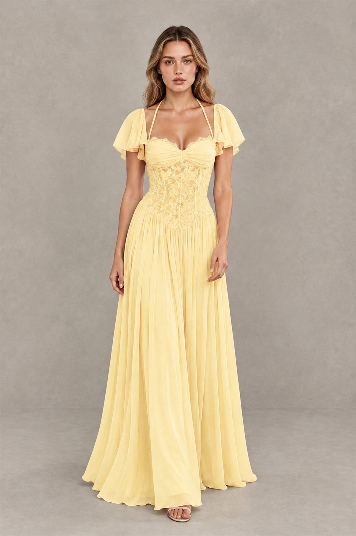 BOLODOO Yellow Flutter Sleeve Lace Corset A-Line Maxi Dress - Yellow - Yellow (3)