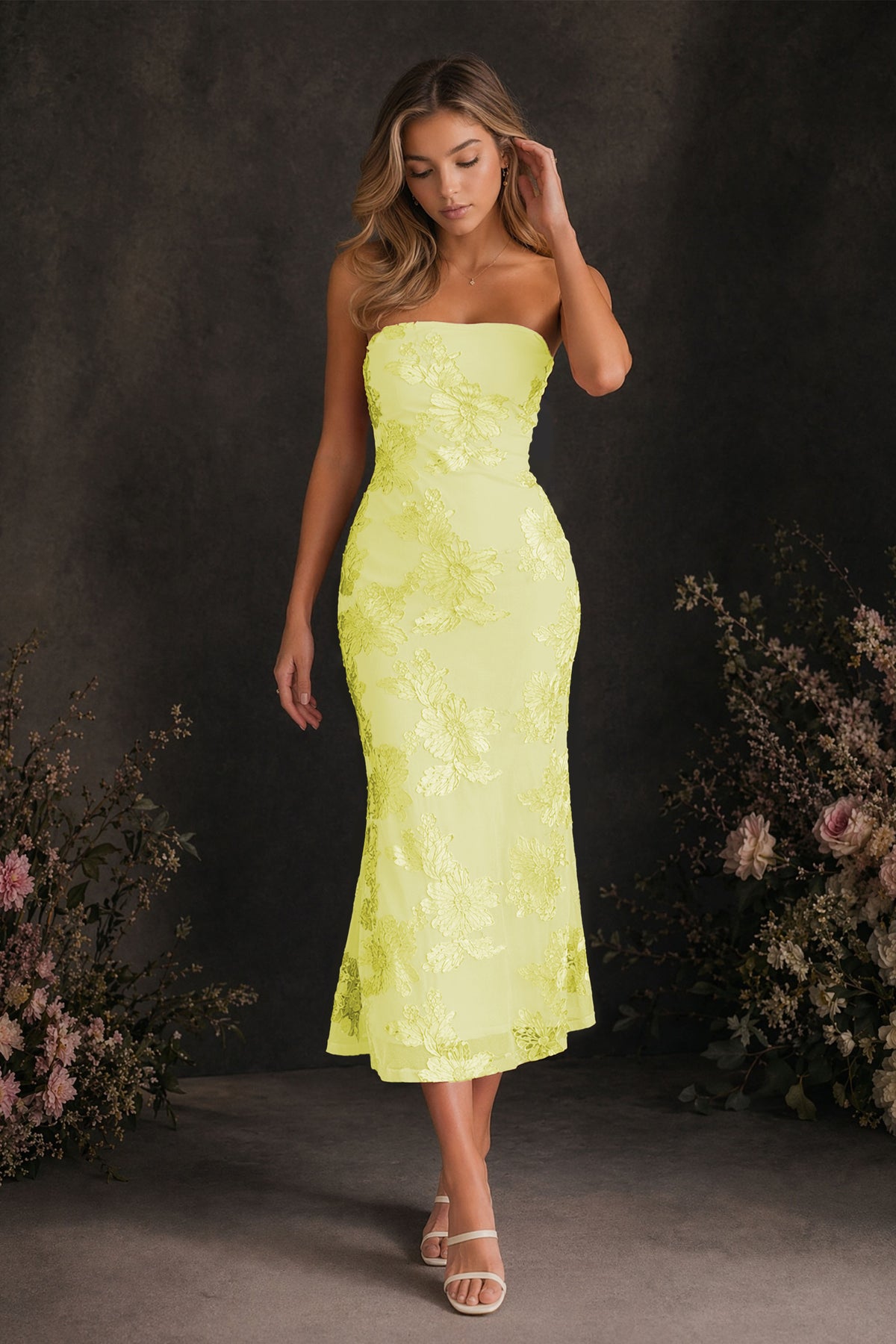 BOLODOO Yellow Tonal Floral Embroidered Mesh Strapless Open Back Bodycon Midi Tea Length Dress - Yellow