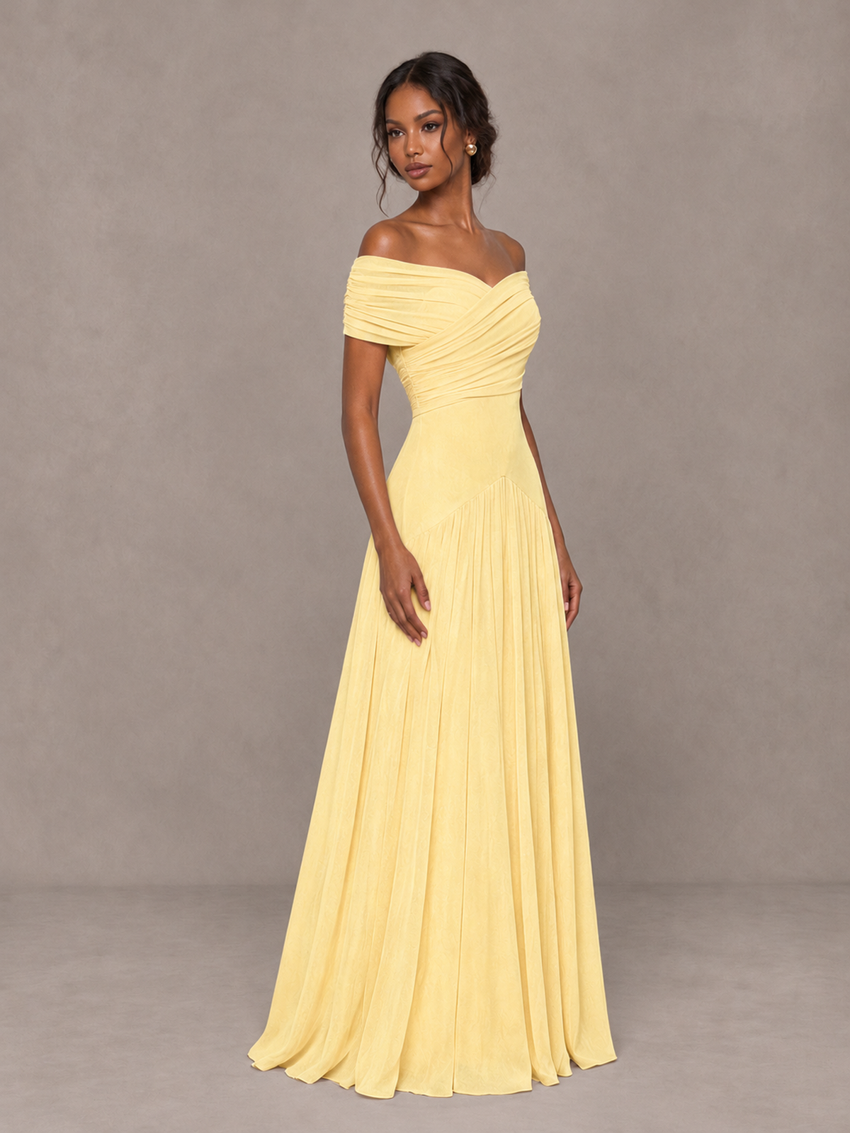 BOLODOO Yellow Off-Shoulder Ruched A-Line Bridesmaid Dress - Yellow - Yellow (3)