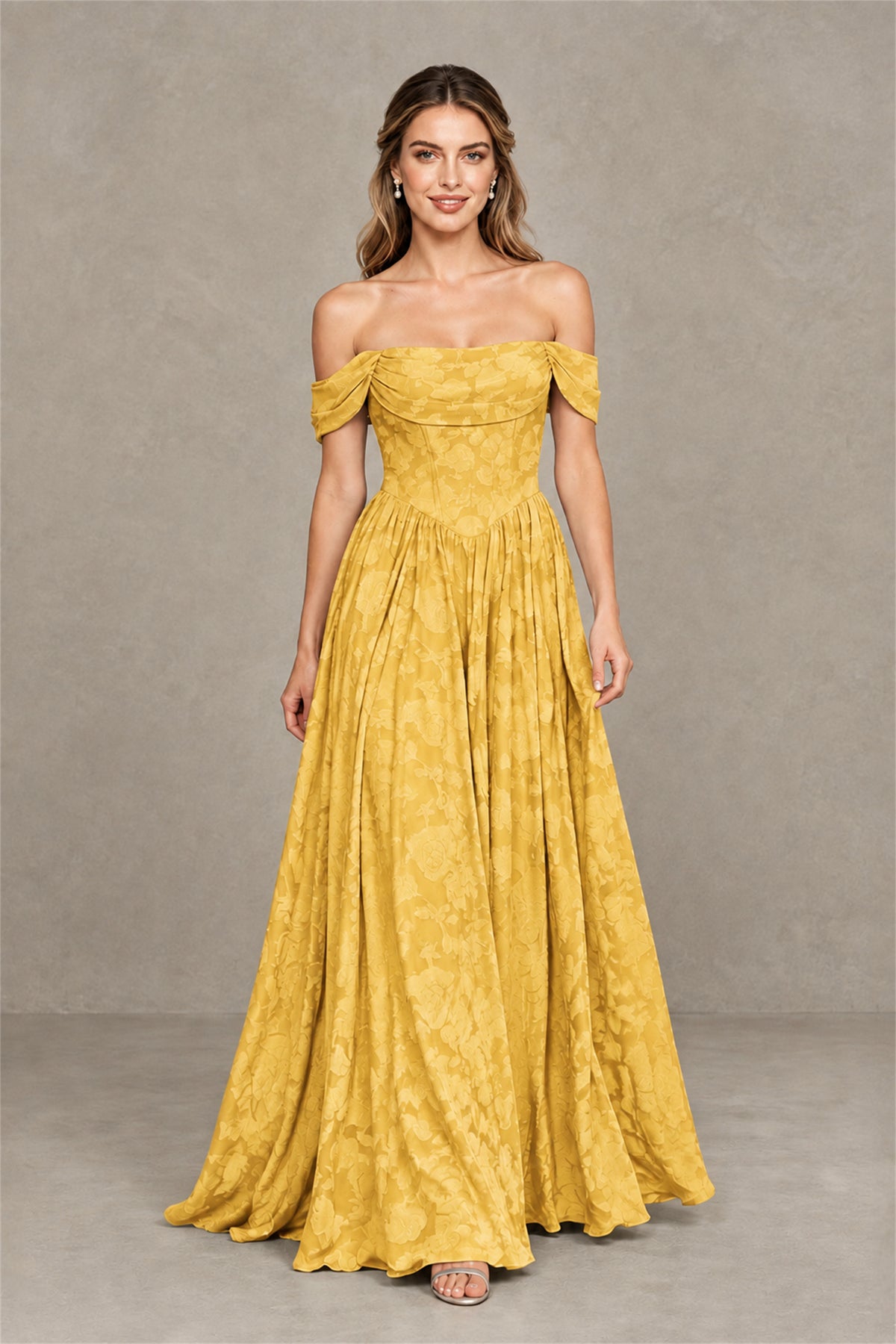 BOLODOO Yellow Off-Shoulder Floral A-Line Maxi Dress - Yellow