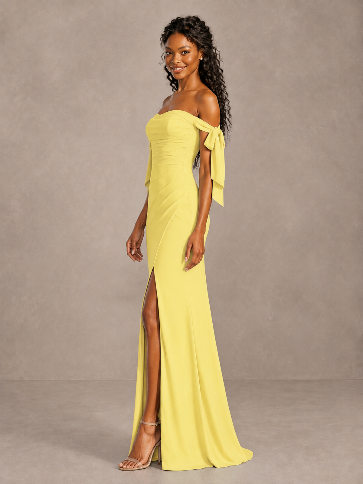 Yellow Off-Shoulder Bow Bridesmaid Dress with Slit - Yellow - Yellow (3)