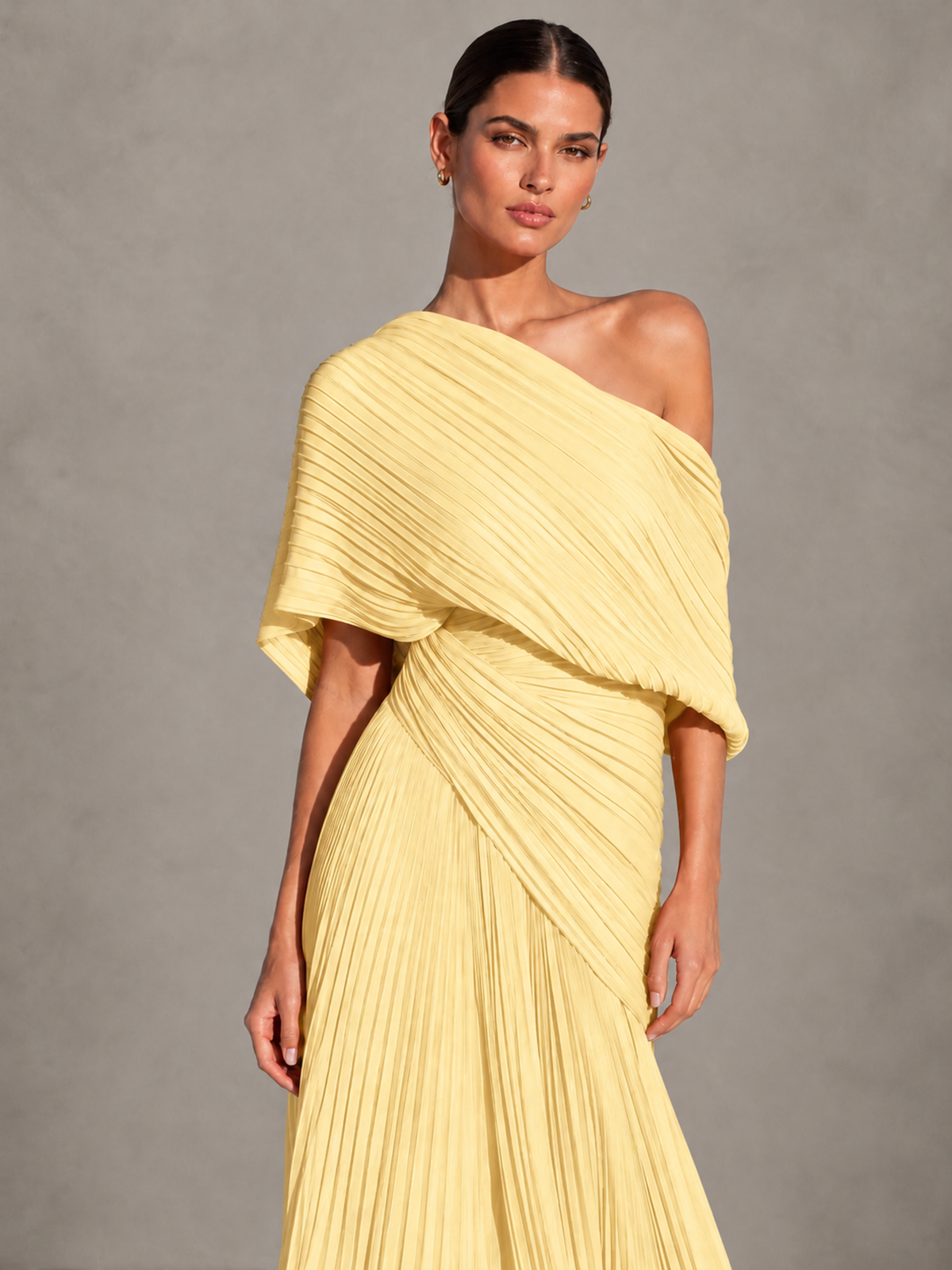 BOLODOO Yellow One-Shoulder Pleated Cape Evening Gown with Train - Yellow - Yellow (3)