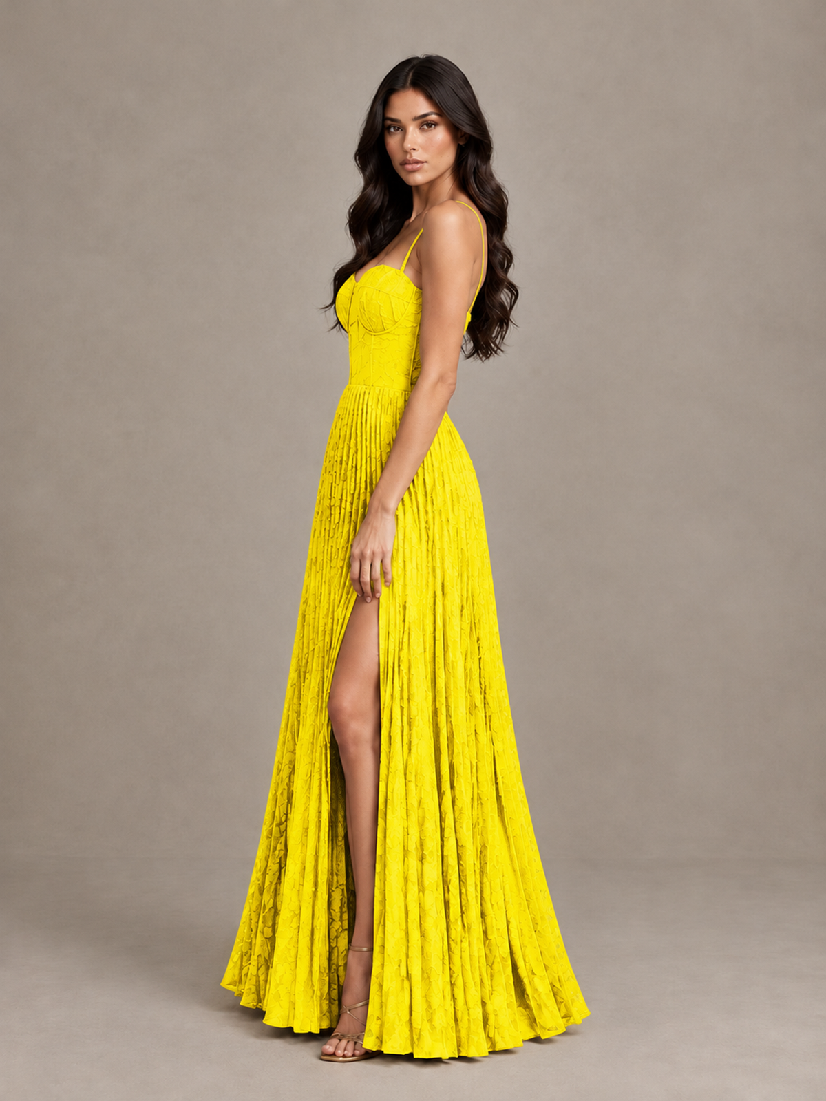 BOLODOO Yellow Pleated Bridesmaid Dress with Sweetheart Neckline & Slit - Yellow - Yellow (3)