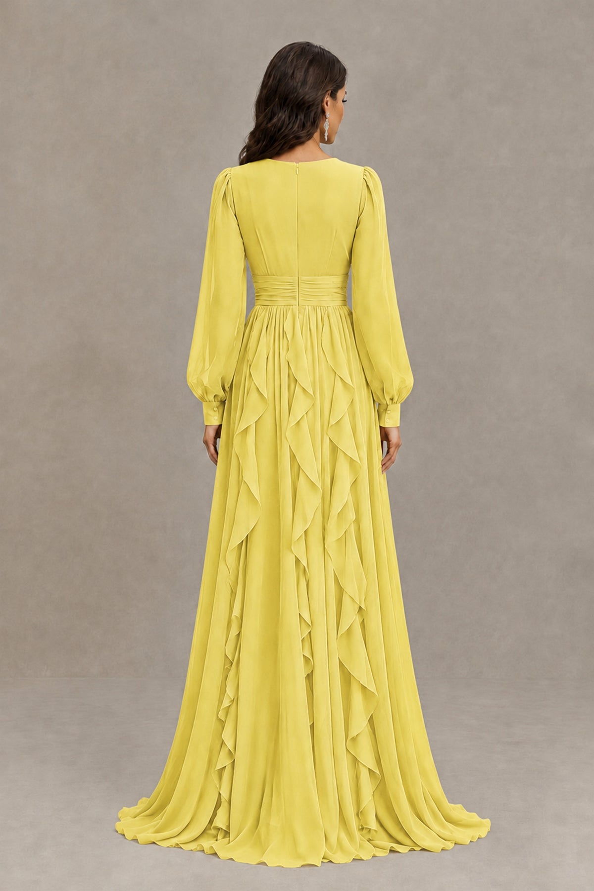 BOLODOO Yellow Long Sleeve V-Neck Ruffle Maxi Dress - Yellow - Yellow (3)
