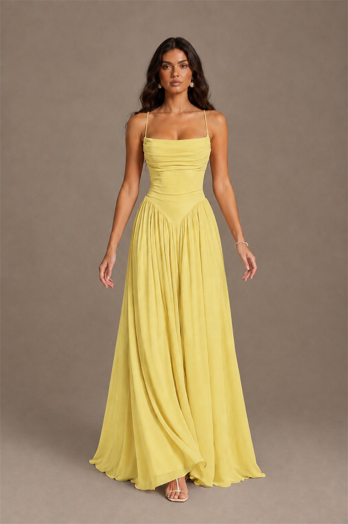 BOLODOO Yellow Spaghetti Strap Square Neck Ruched Chiffon Maxi Dress with Lace-Up Back - Yellow