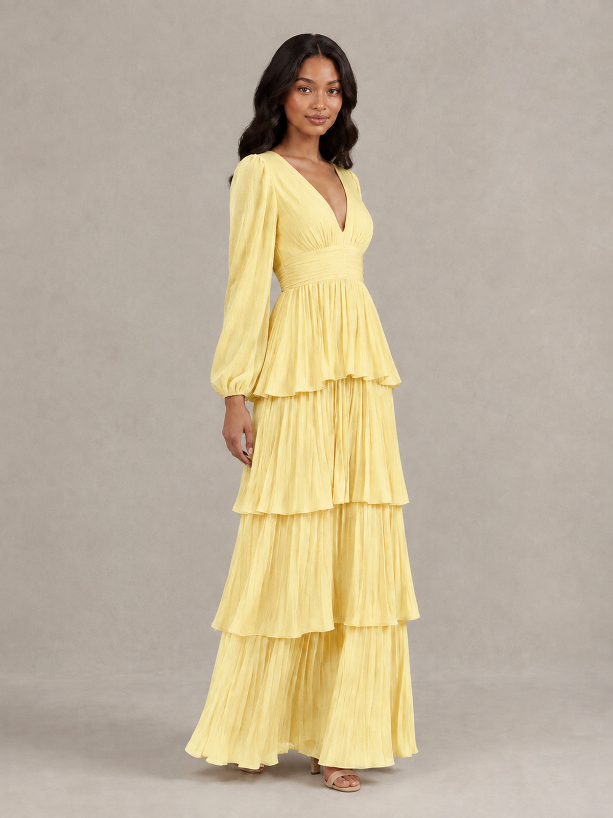 BOLODOO Yellow Long-Sleeve Tiered Maxi Dress with Deep V-Neck - Yellow
