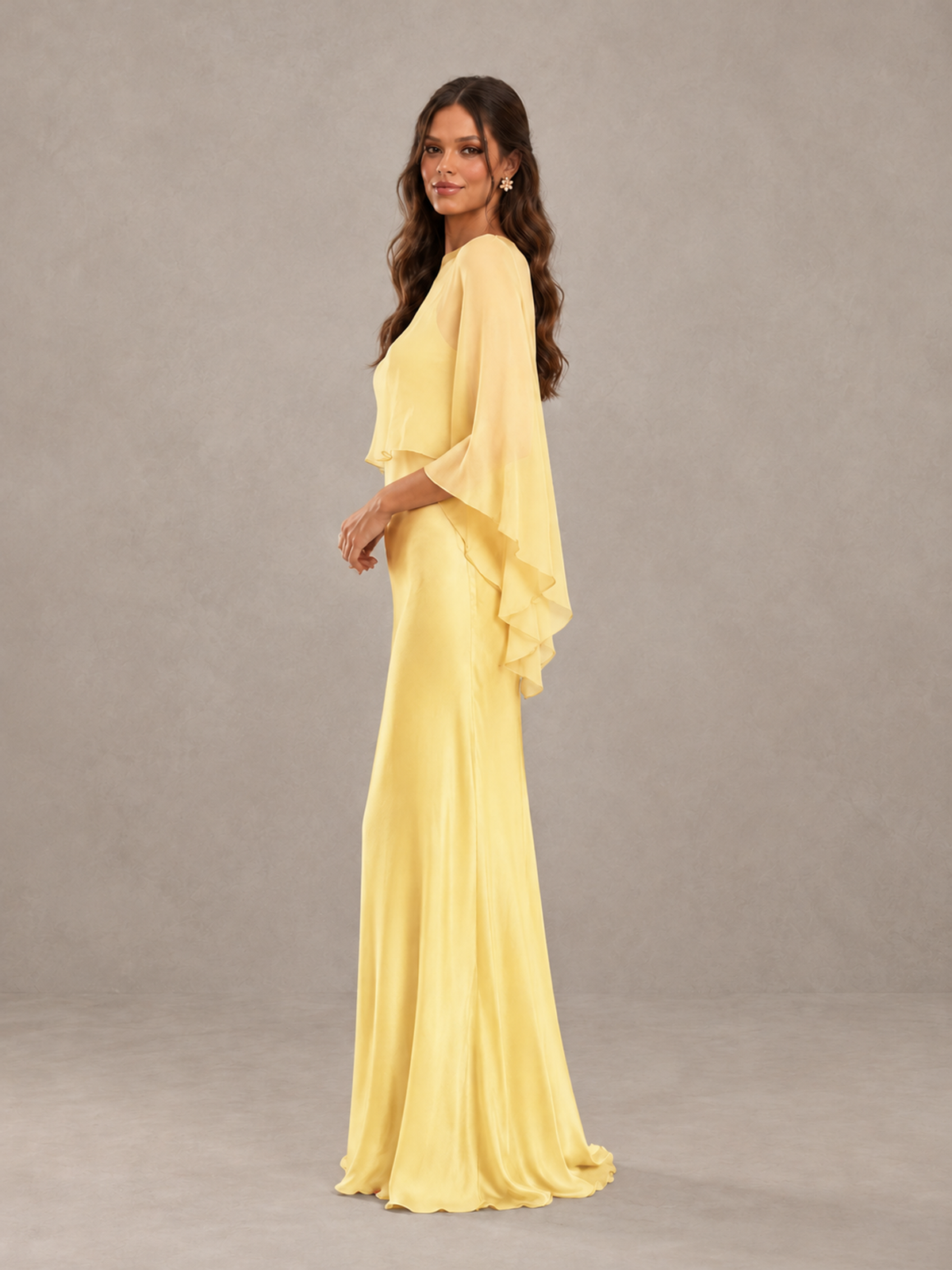 BOLODOO Yellow Satin Mermaid Bridesmaid Dress with Chiffon Cape - Yellow - Yellow (3)