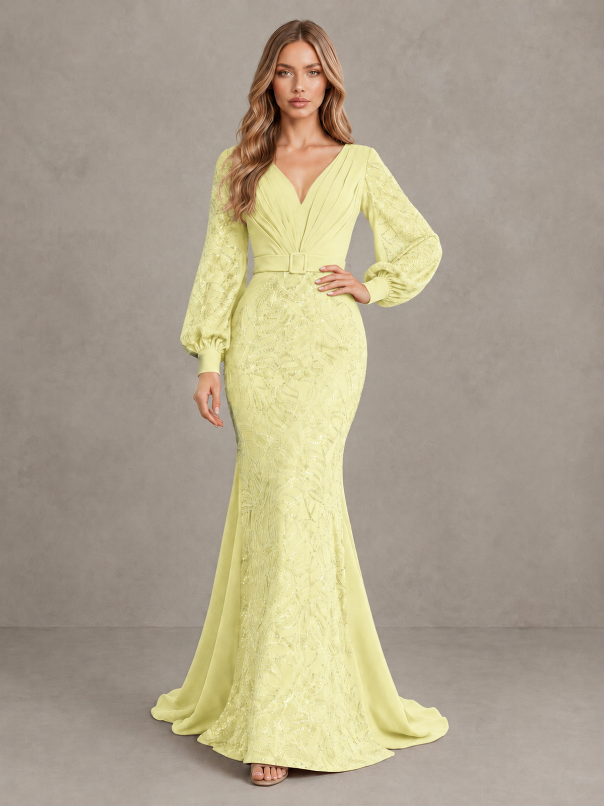 BOLODOO Yellow Sequin Long Bishop Sleeve Mermaid Evening Dress - Yellow - Yellow (3)