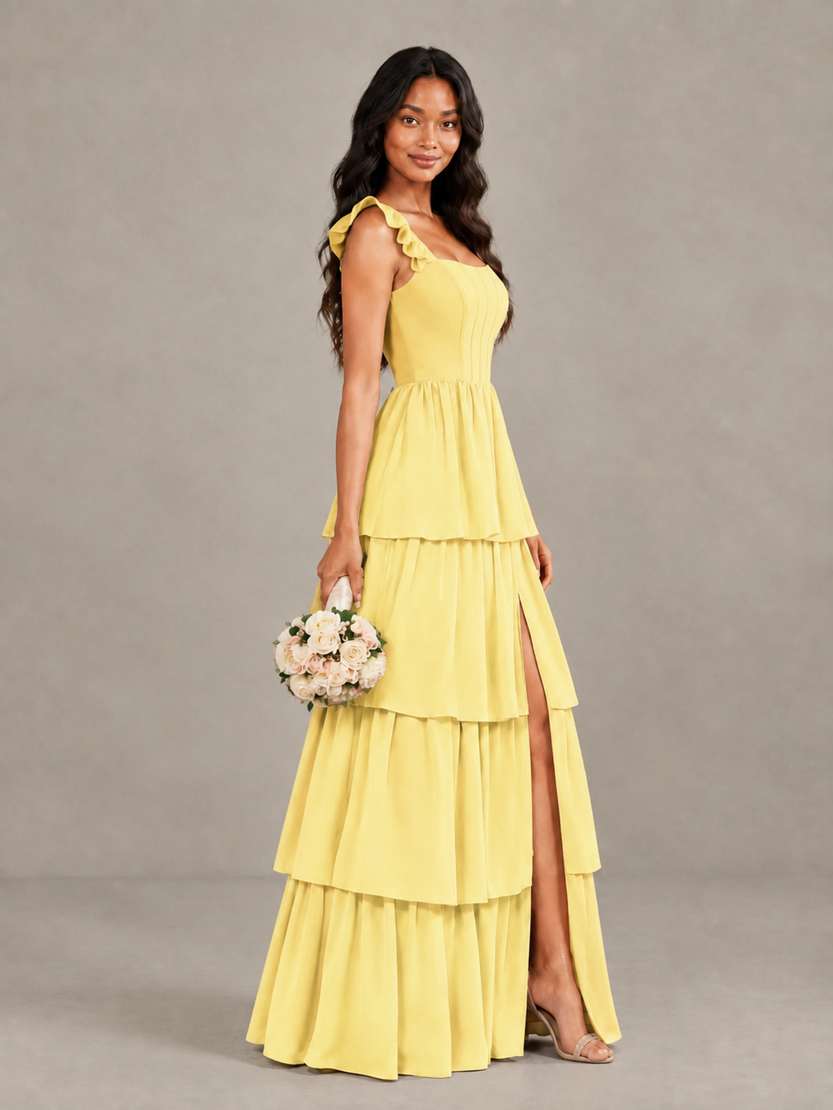 BOLODOO Yellow Tiered Maxi Bridesmaid Dress with Slit - Yellow