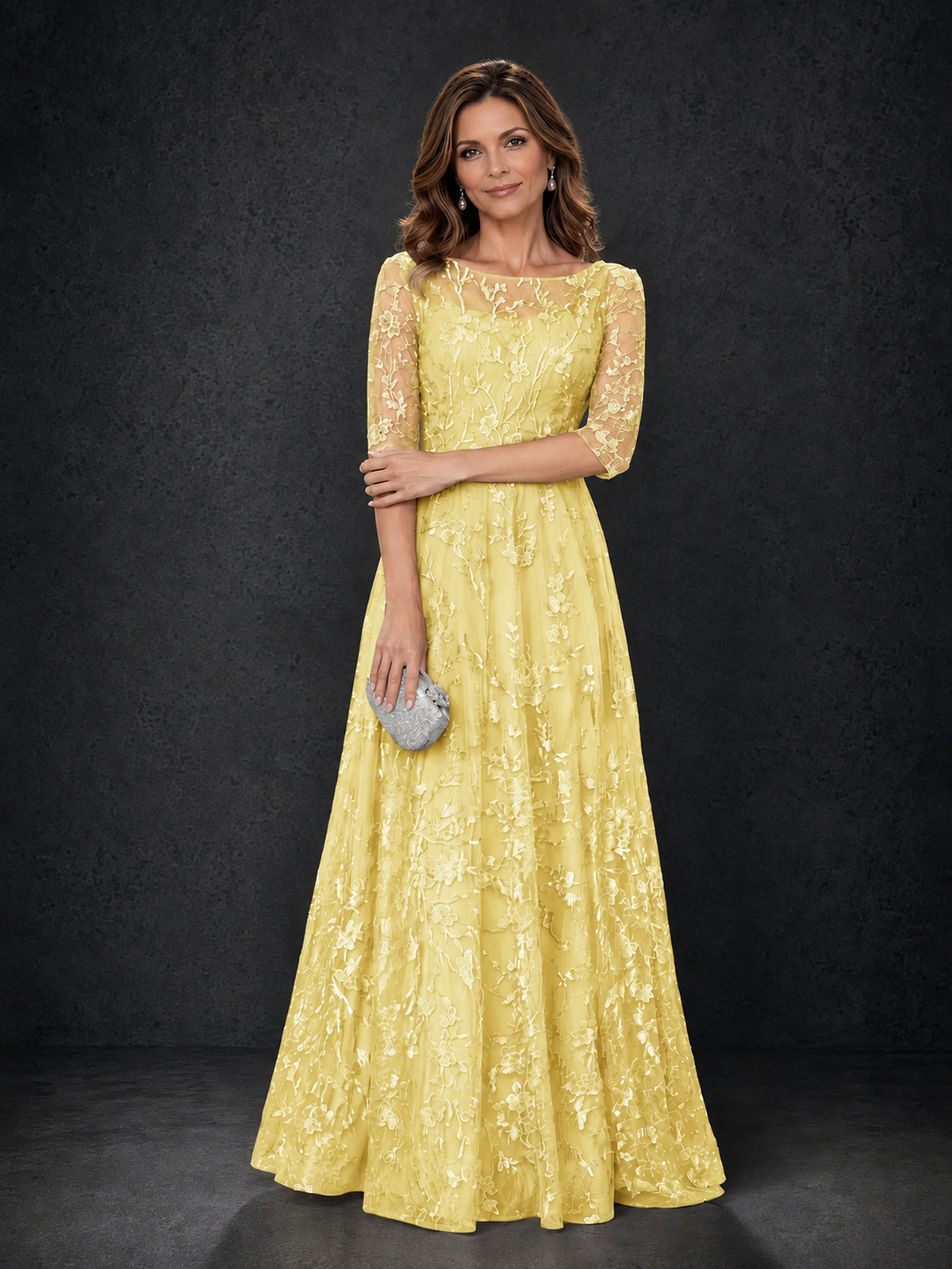 BOLODOO Yellow Illusion Bateau Neck 3/4 Sleeve Floral Lace A-Line Mother of the Bride Dress MX007 - Yellow
