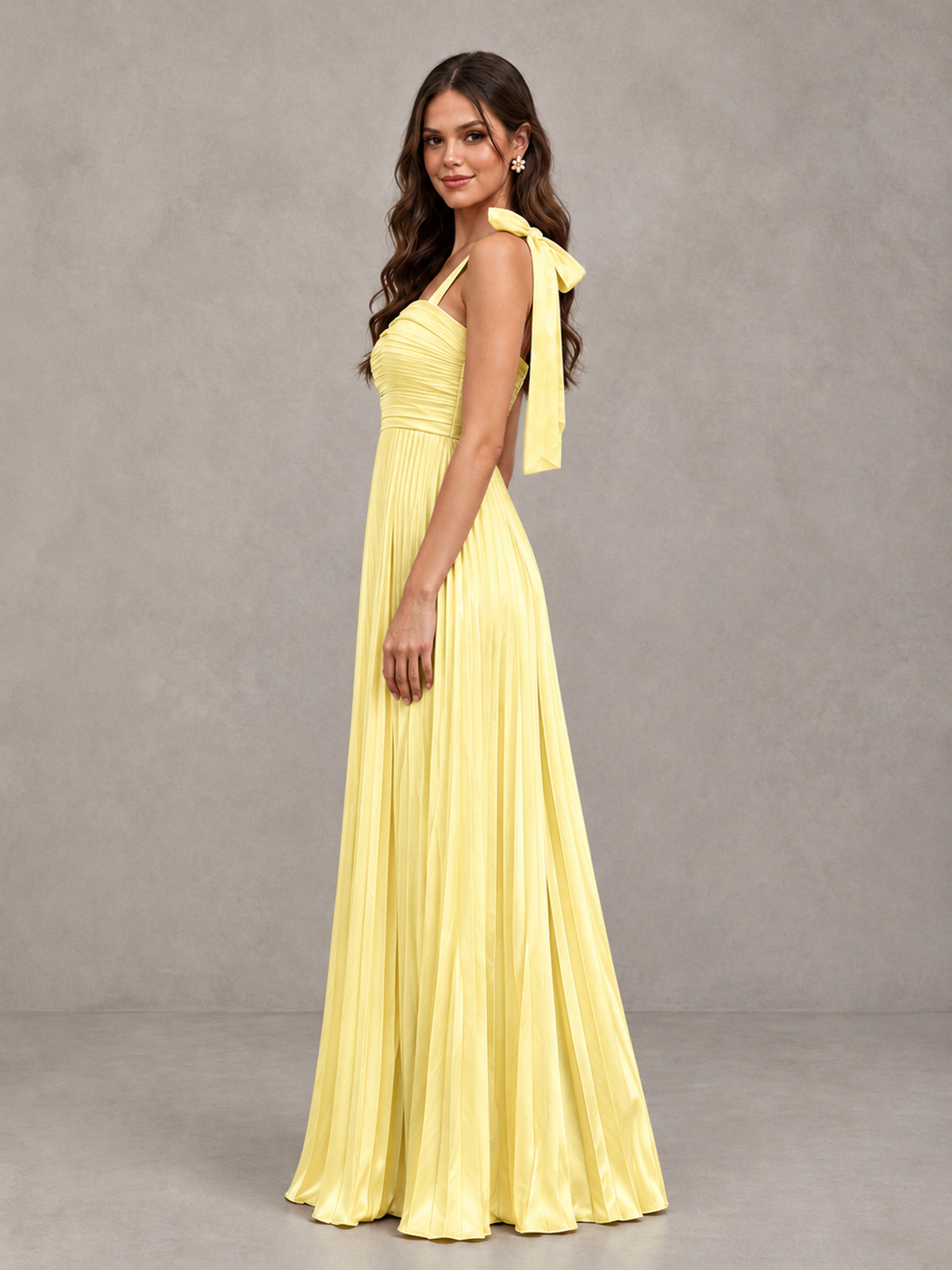BOLODOO Yellow Pleated Bow-Strap Bridesmaid Maxi Dress - Yellow - Yellow (3)