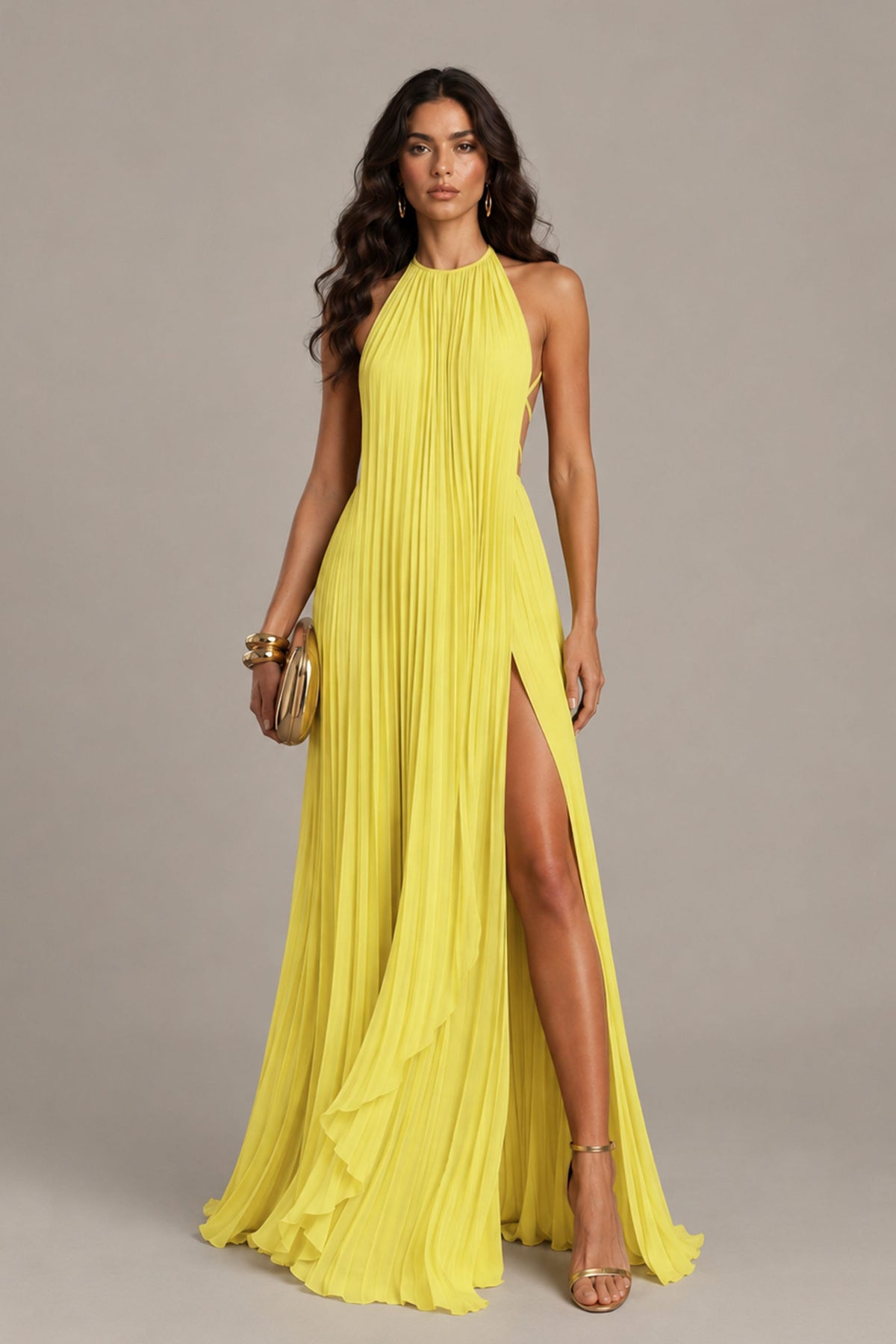 BOLODOO Yellow Halter Neck Pleated Chiffon Maxi Dress with Side Slit - Yellow