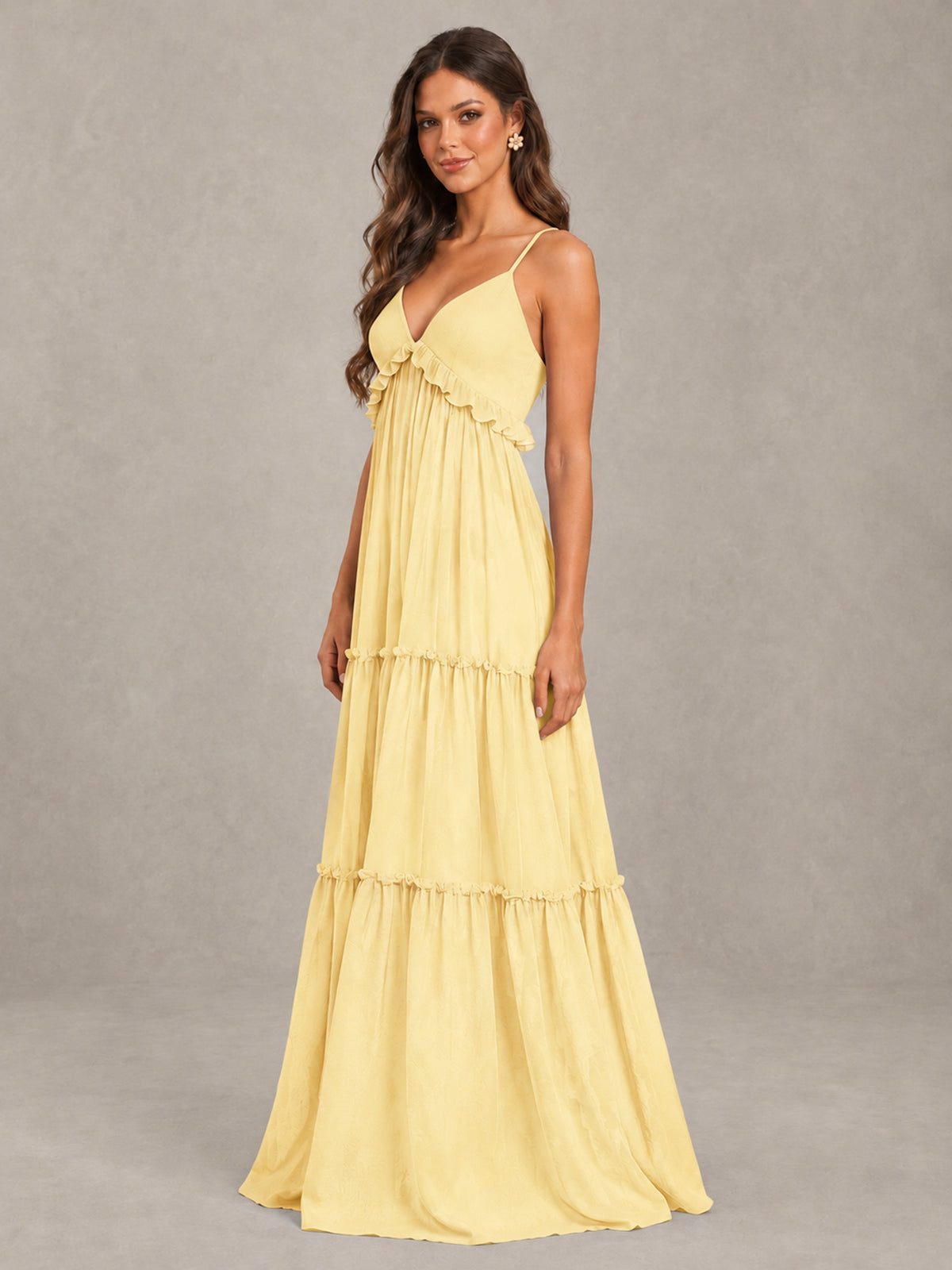 BOLODOO Yellow Tiered V-Neck Lace-Up Back Bridesmaid Dress - Yellow - Yellow (3)