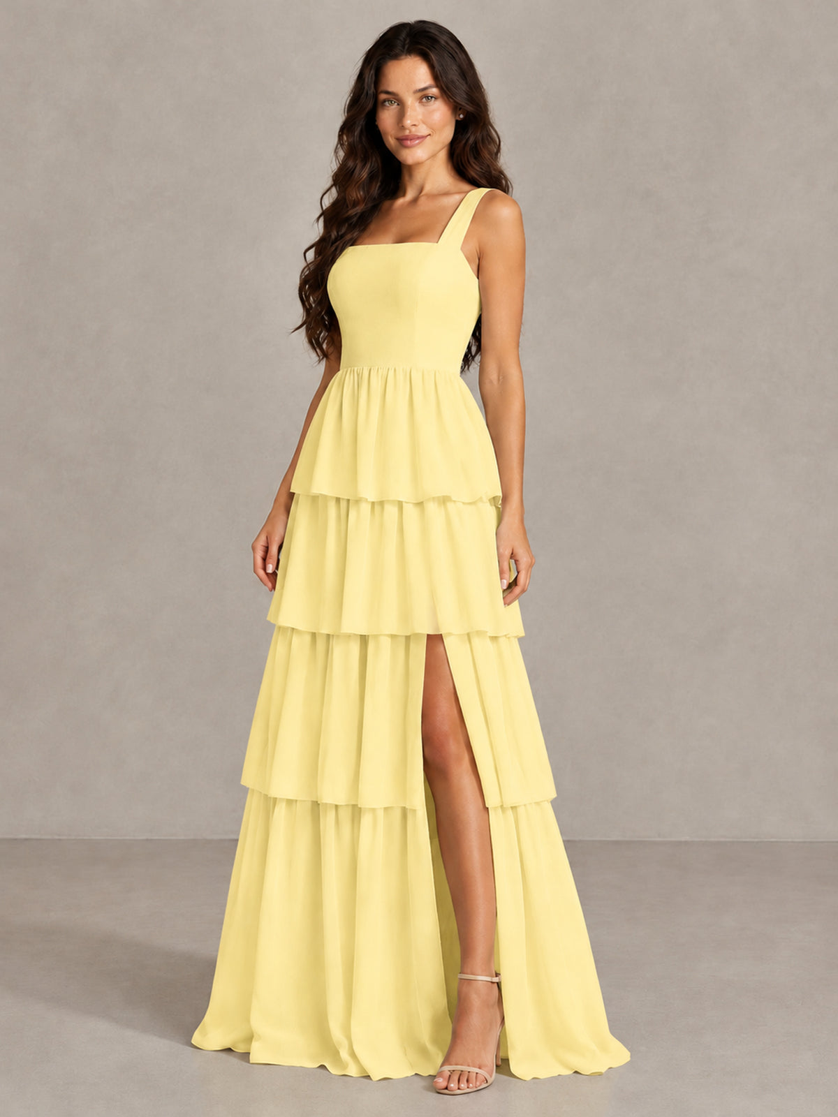 BOLODOO Yellow Square Neck Tiered Bridesmaid Dress with Slit - Yellow - Yellow (3)
