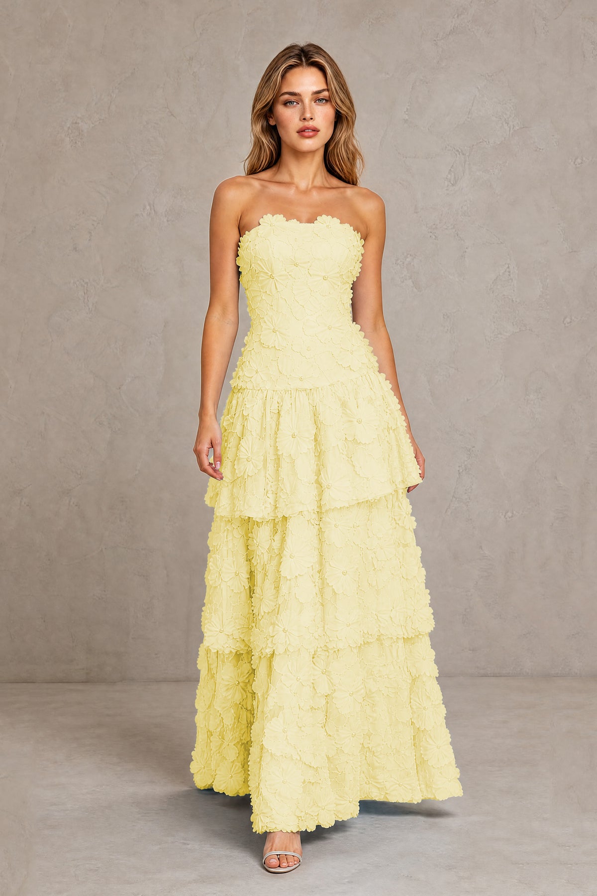 BOLODOO Yellow Strapless 3D Floral Tiered Evening Gown - Yellow