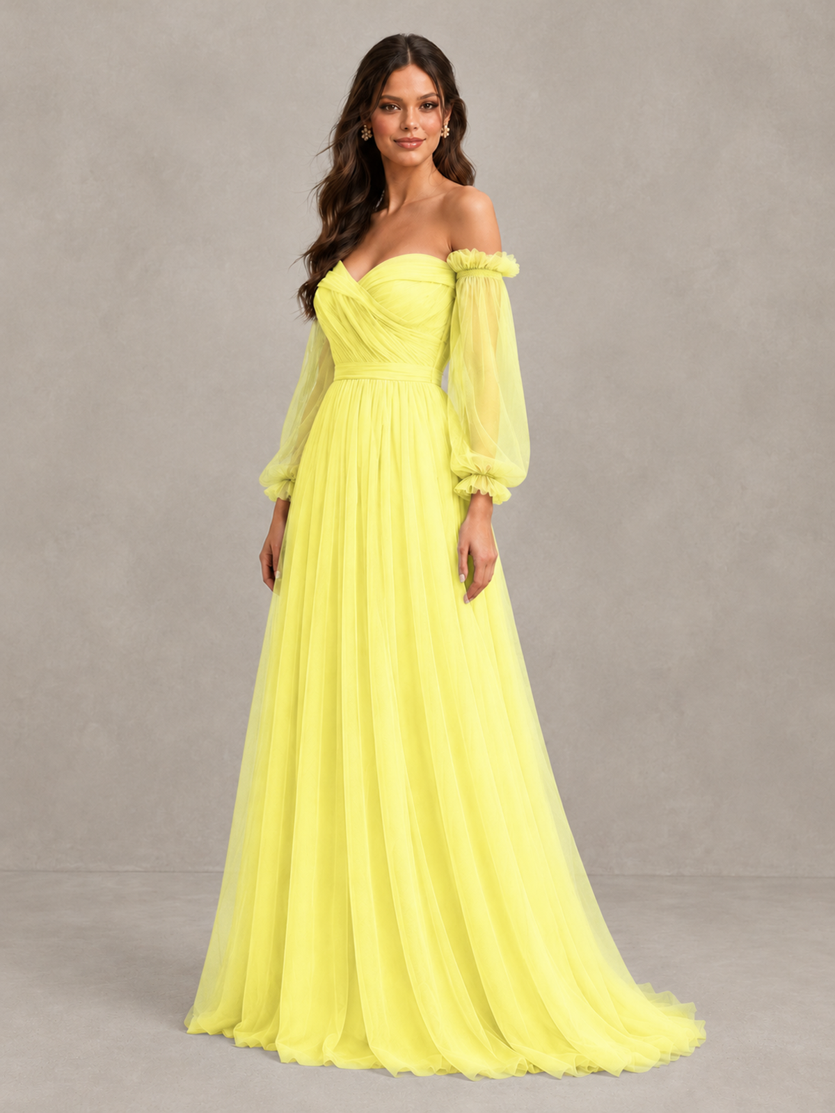 BOLODOO Yellow Off-the-Shoulder Long Sleeve A-Line Bridesmaid Dress - Yellow - Yellow (3)